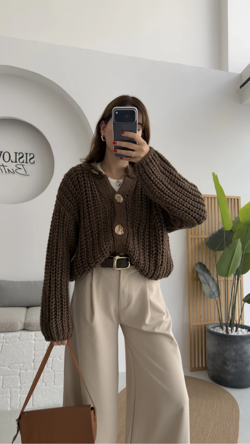 Büyük Düğmeli Örgü Hırka - Kahverengi