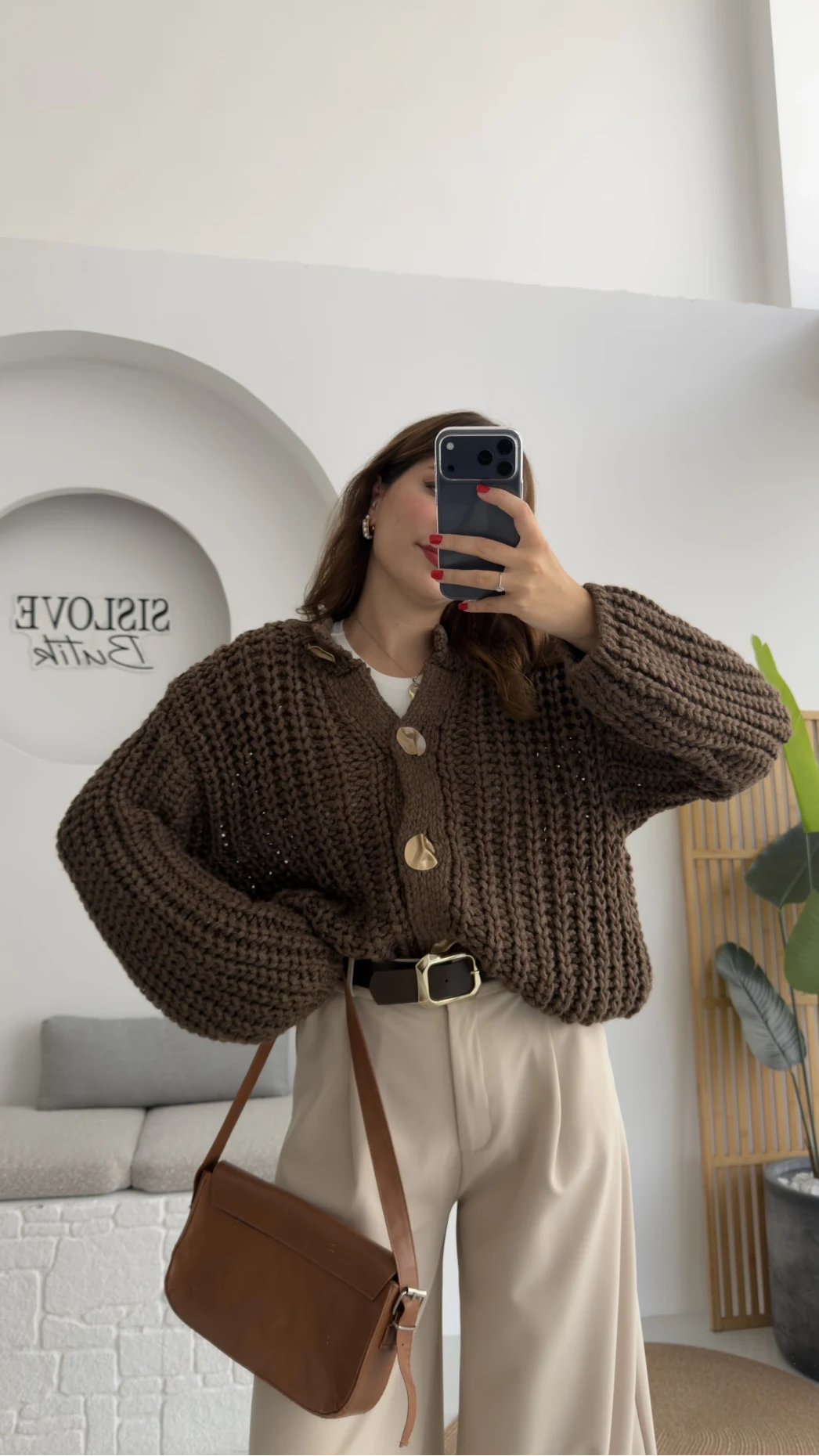 Büyük Düğmeli Örgü Hırka - Kahverengi