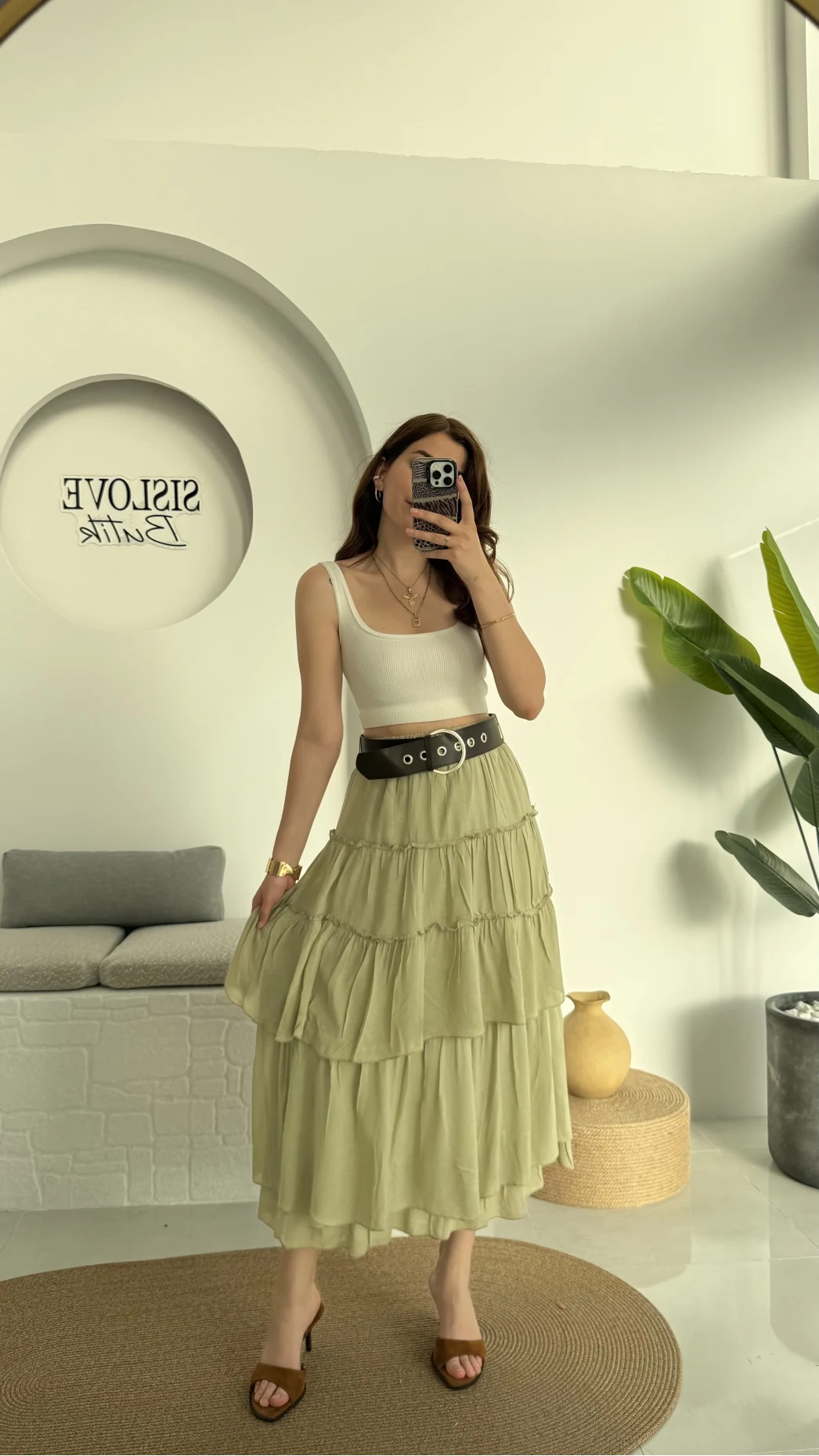 Büyük Kemerli Kat Kat Etek Haki