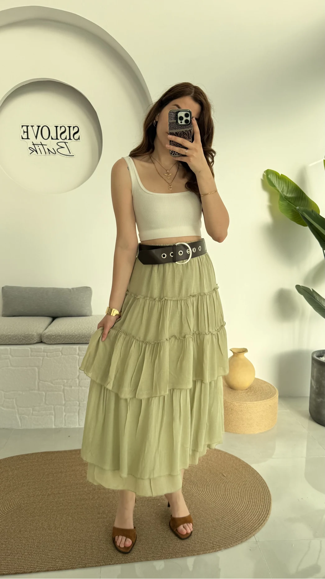 Büyük Kemerli Kat Kat Etek Haki