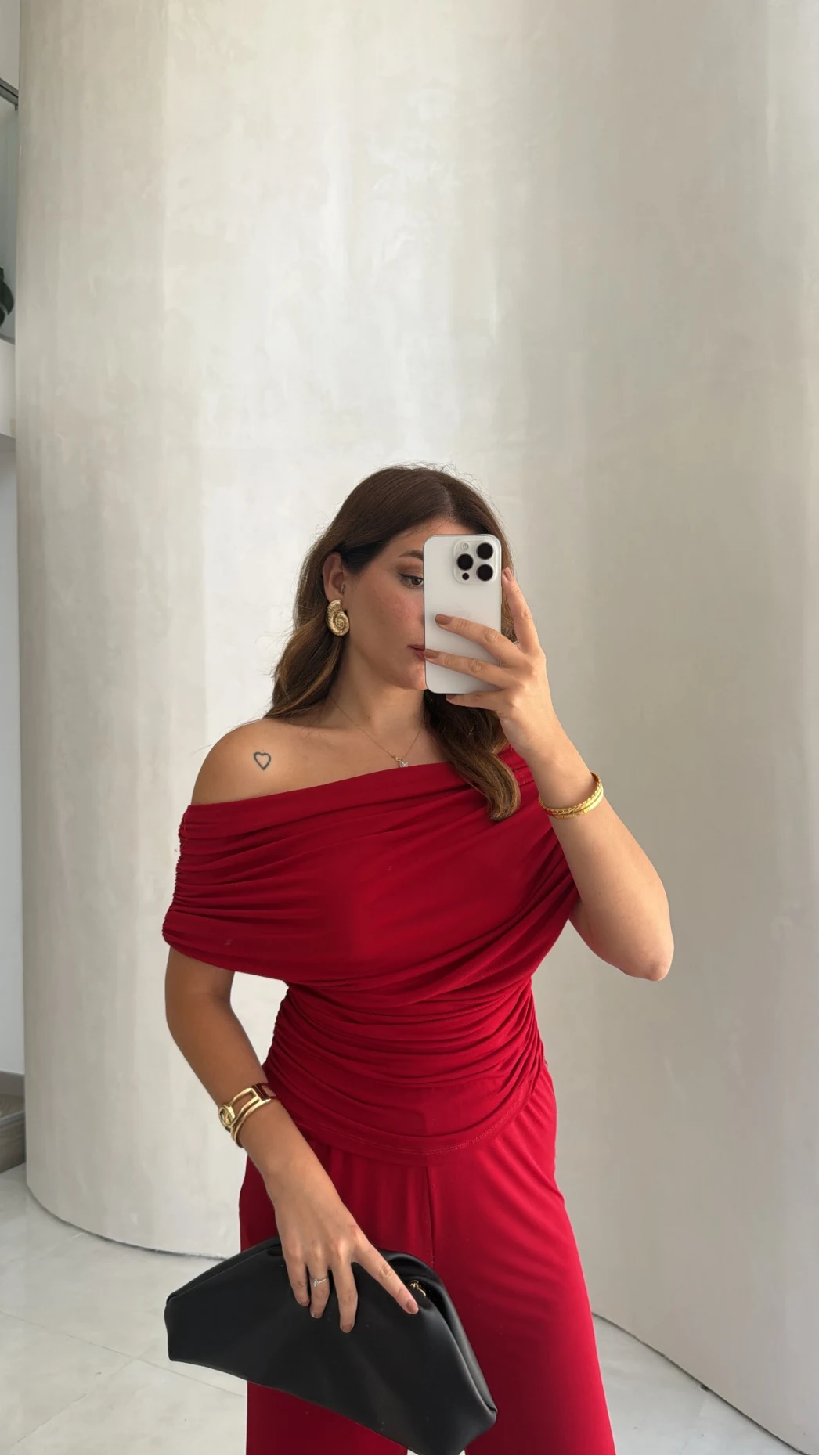 Büzgülü Bluz Pantolon Takım - Kırmızı - Kod: 905388