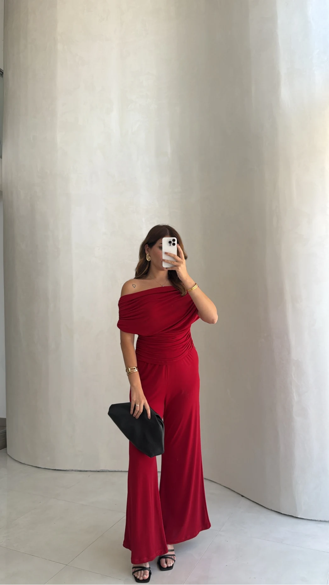 Büzgülü Bluz Pantolon Takım - Kırmızı - Kod: 905388
