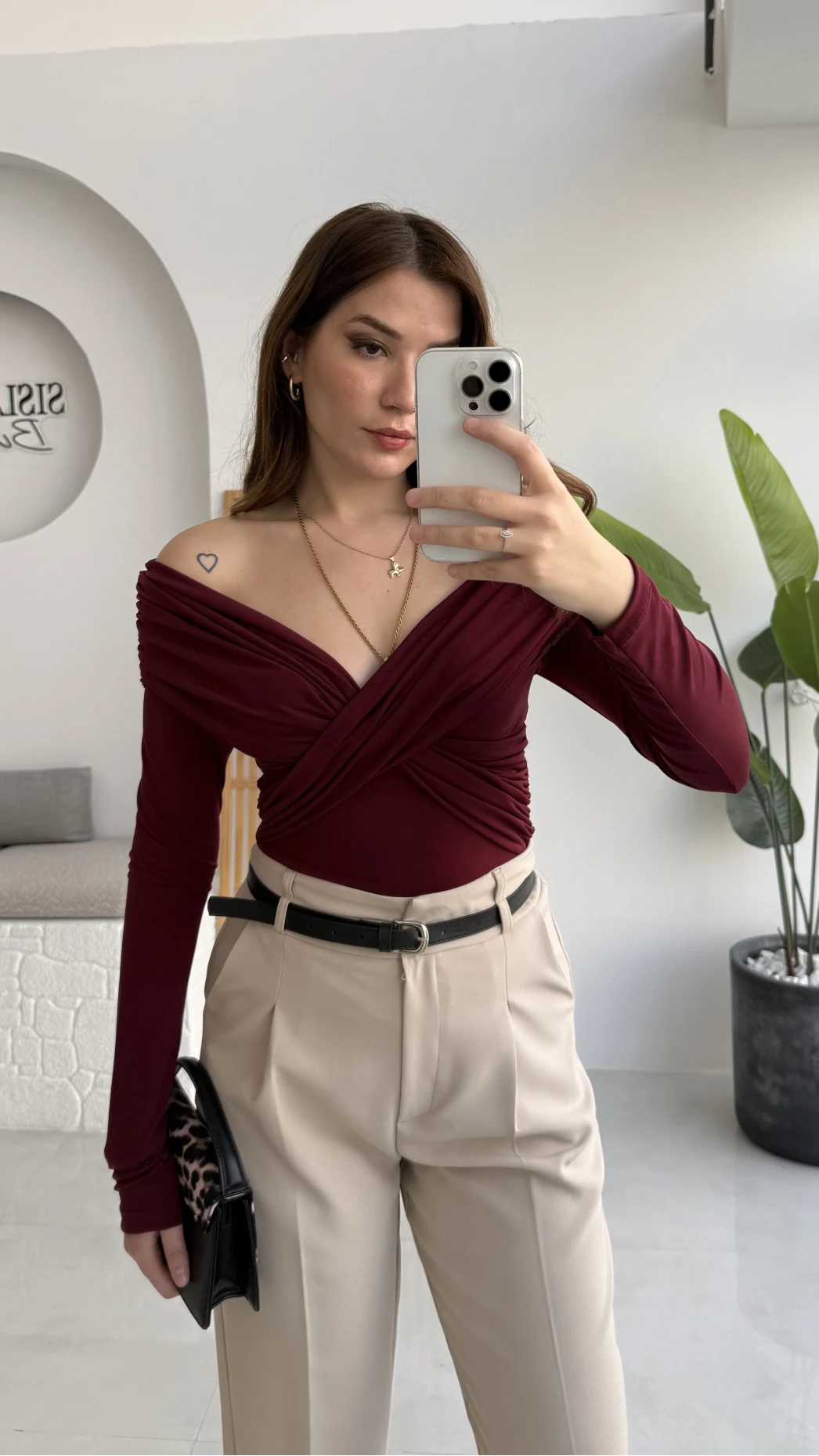 Büzgülü Çapraz Bluz - Bordo