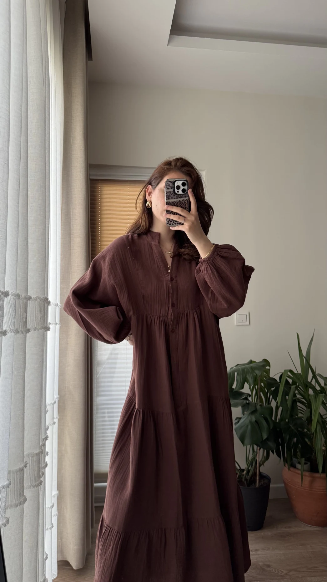 Cande Müslin Uzun Elbise Acı Kahve