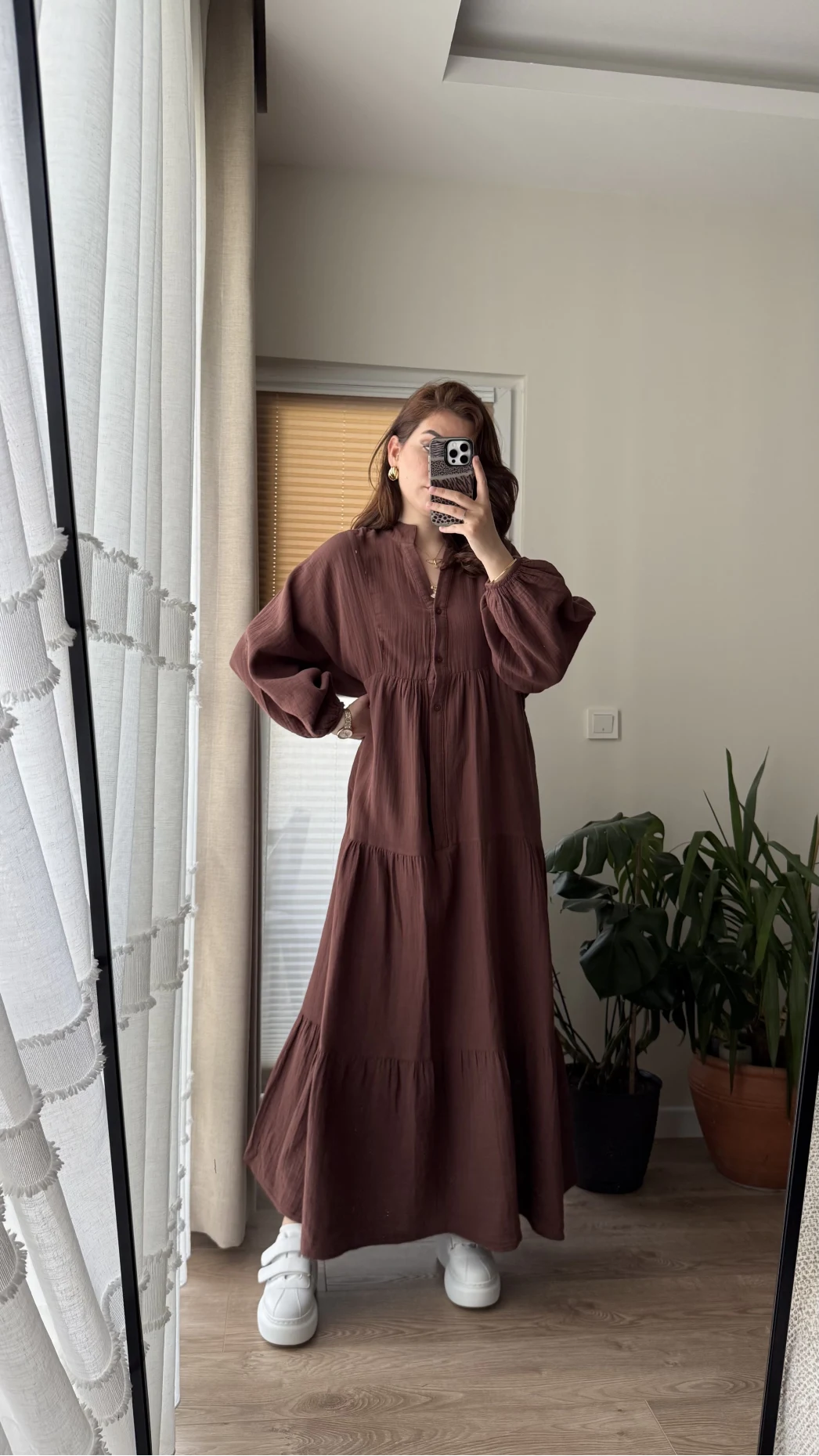 Cande Müslin Uzun Elbise Acı Kahve