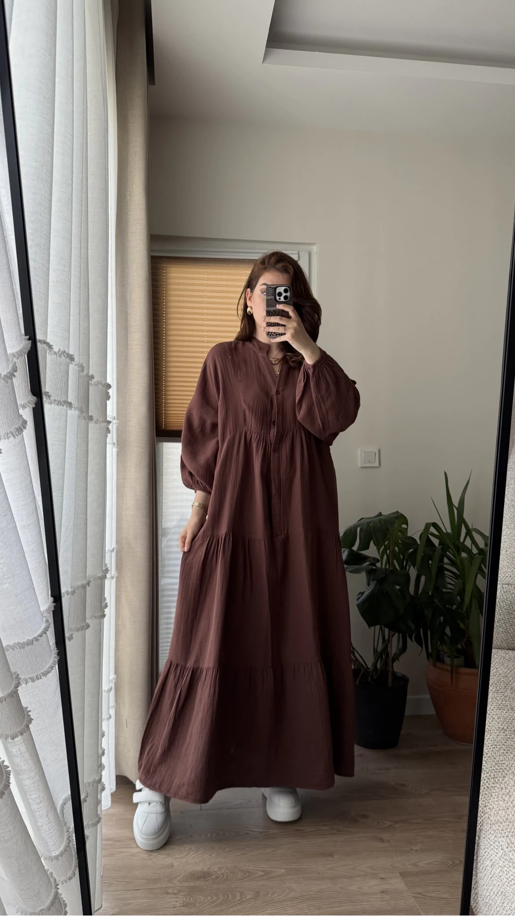 Cande Müslin Uzun Elbise Acı Kahve