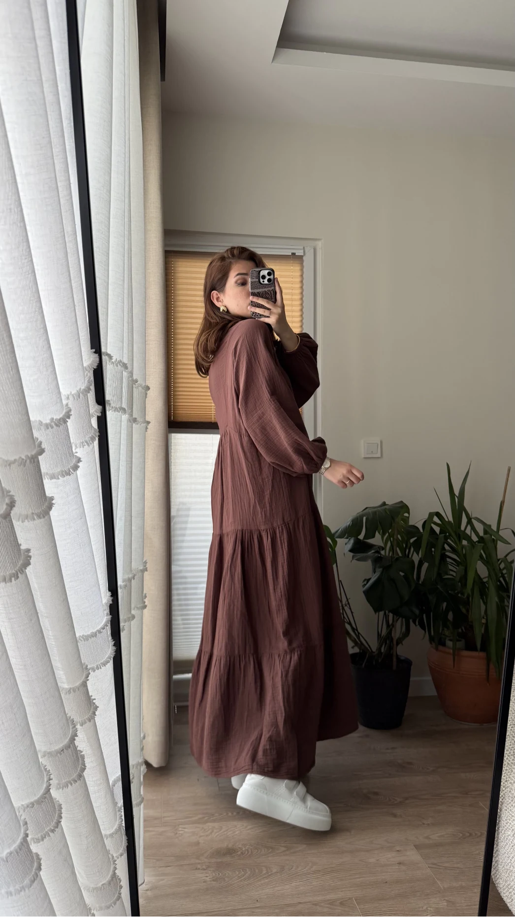 Cande Müslin Uzun Elbise Acı Kahve