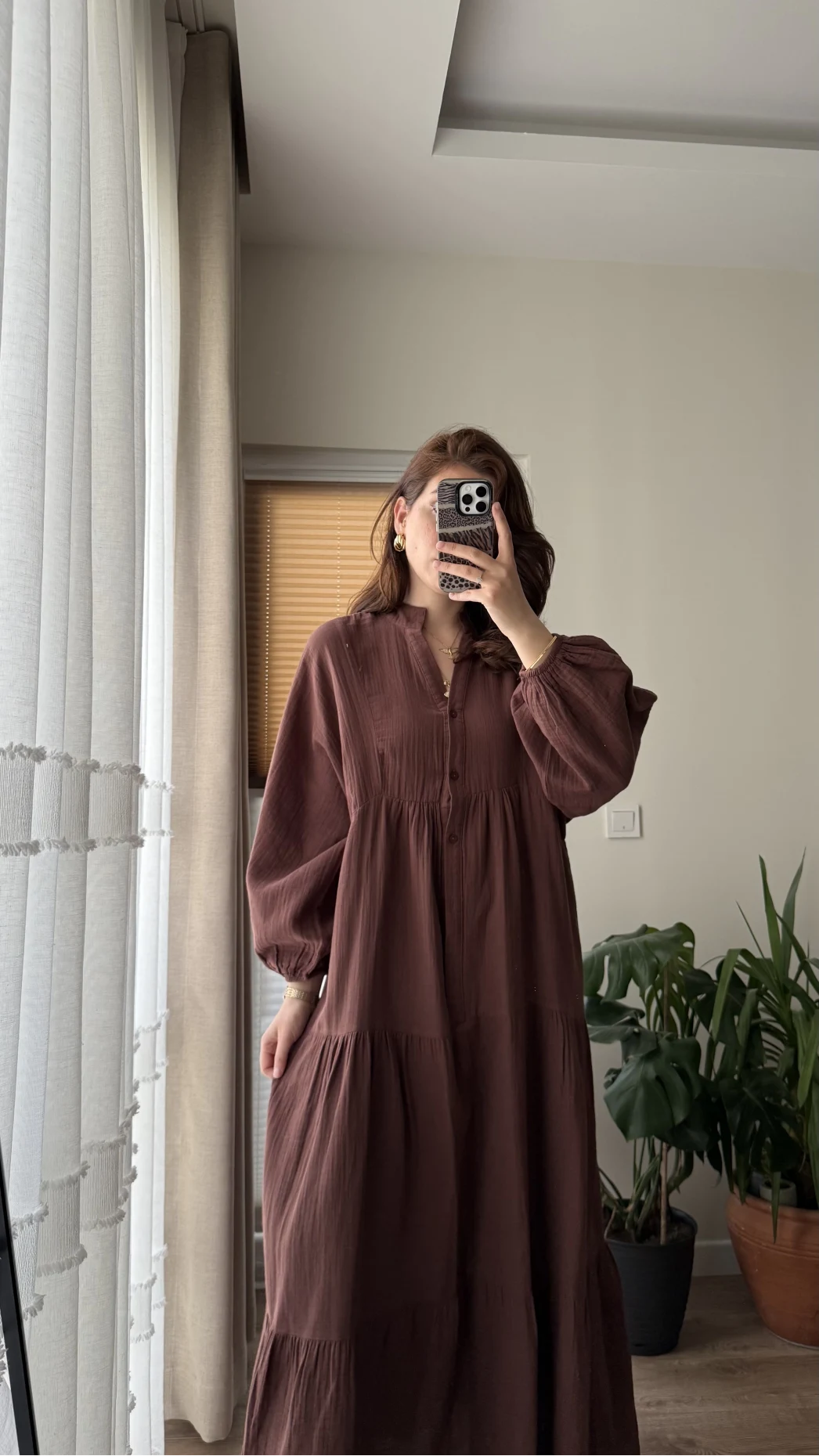 Cande Müslin Uzun Elbise Acı Kahve