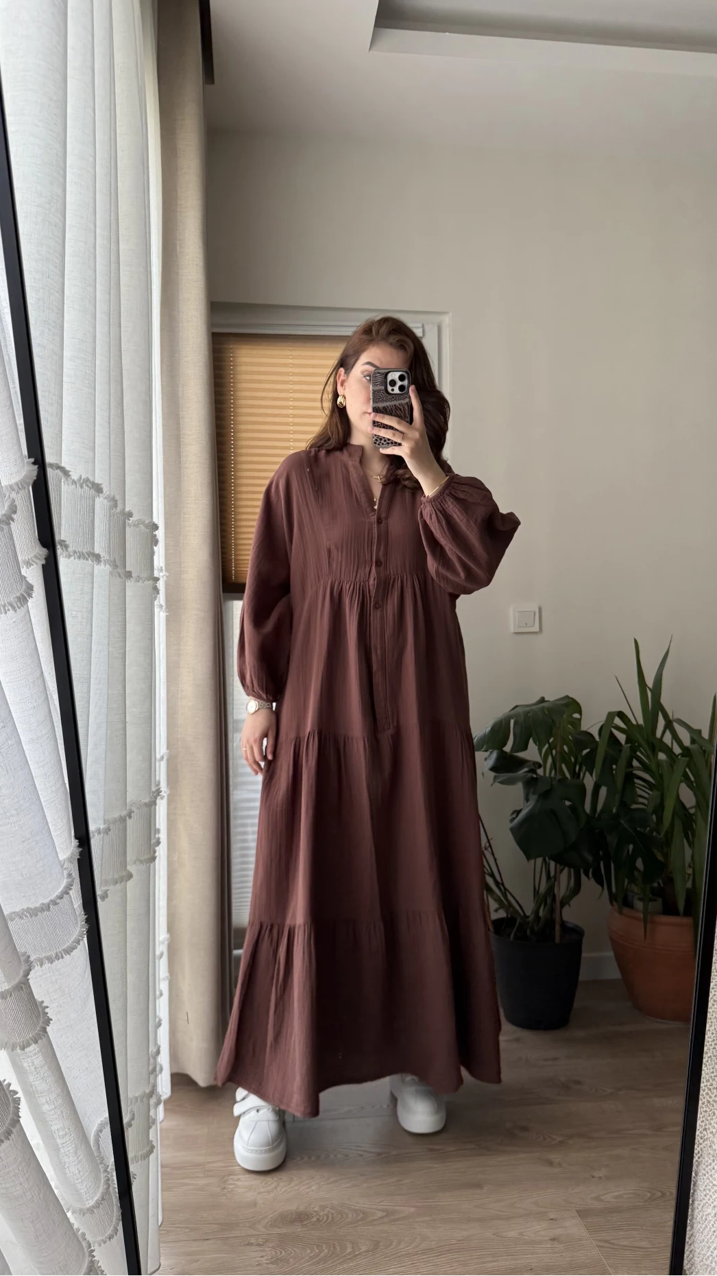 Cande Müslin Uzun Elbise Acı Kahve