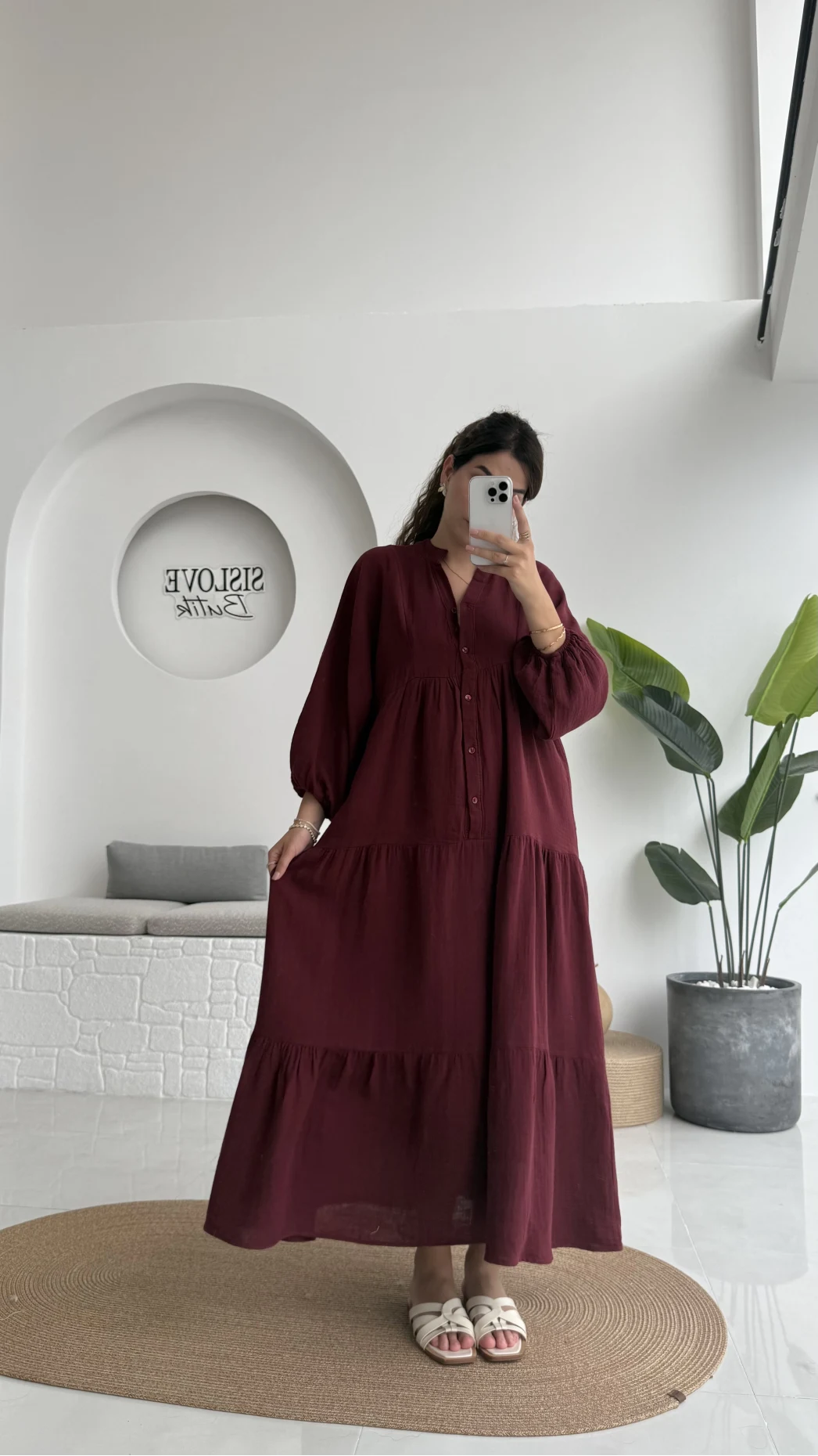Cande Müslin Uzun Elbise - Bordo - 3007