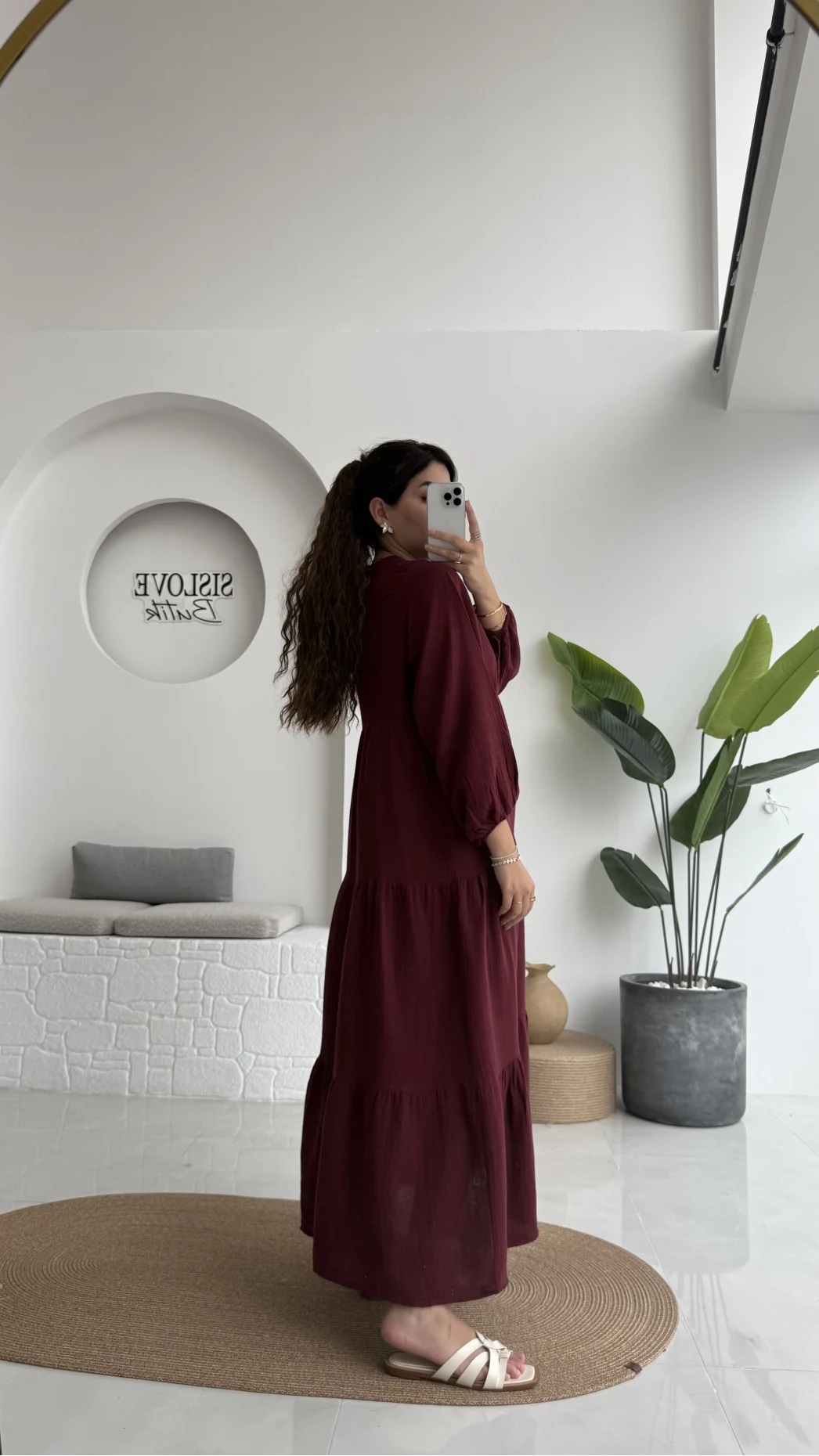 Cande Müslin Uzun Elbise - Bordo - 3007