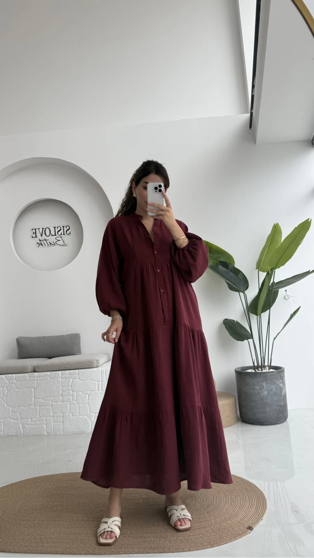 Cande Müslin Uzun Elbise - Bordo - 3007