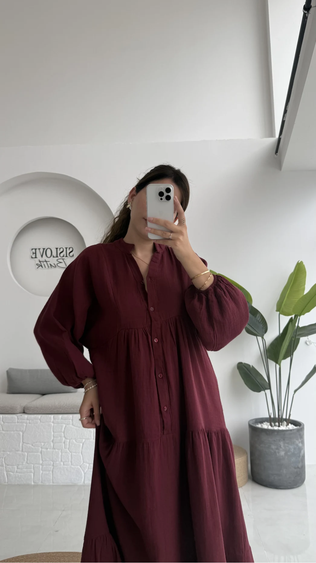 Cande Müslin Uzun Elbise - Bordo - 3007