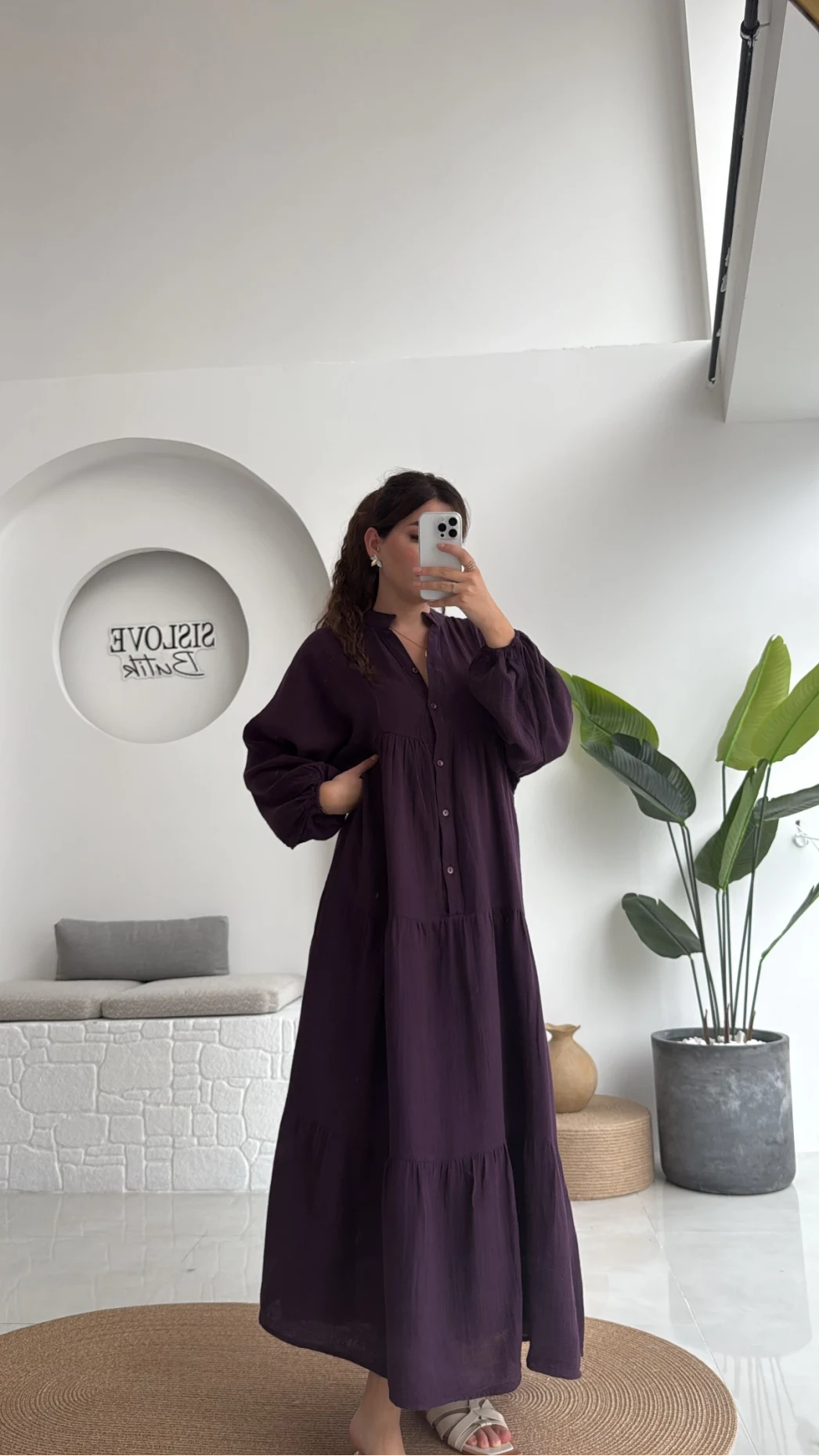 Cande Müslin Uzun Elbise - Mürdüm - 3007