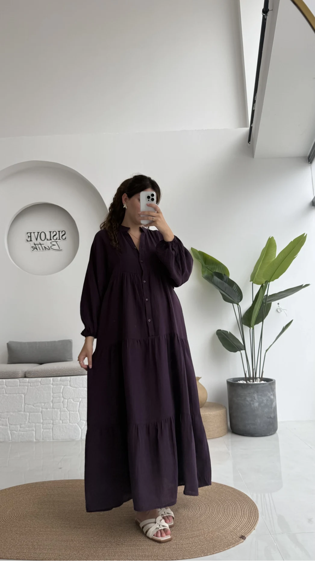 Cande Müslin Uzun Elbise - Mürdüm - 3007