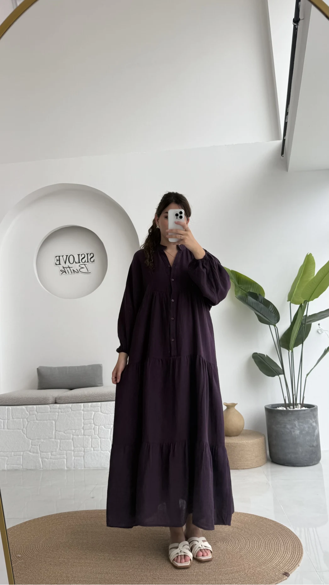 Cande Müslin Uzun Elbise - Mürdüm - 3007