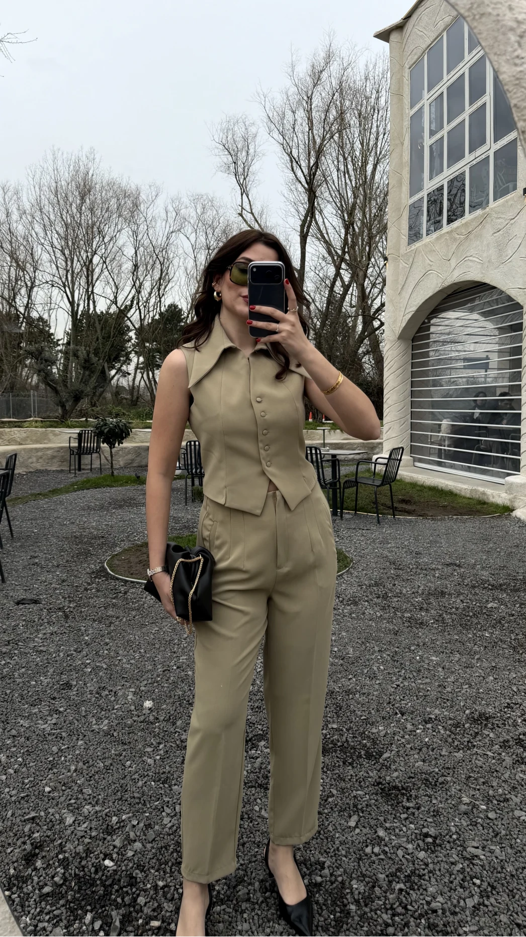 Caterina Sivri Yaka Yelek-Pantolon Takım - Ada Çayı - Kod: 8895