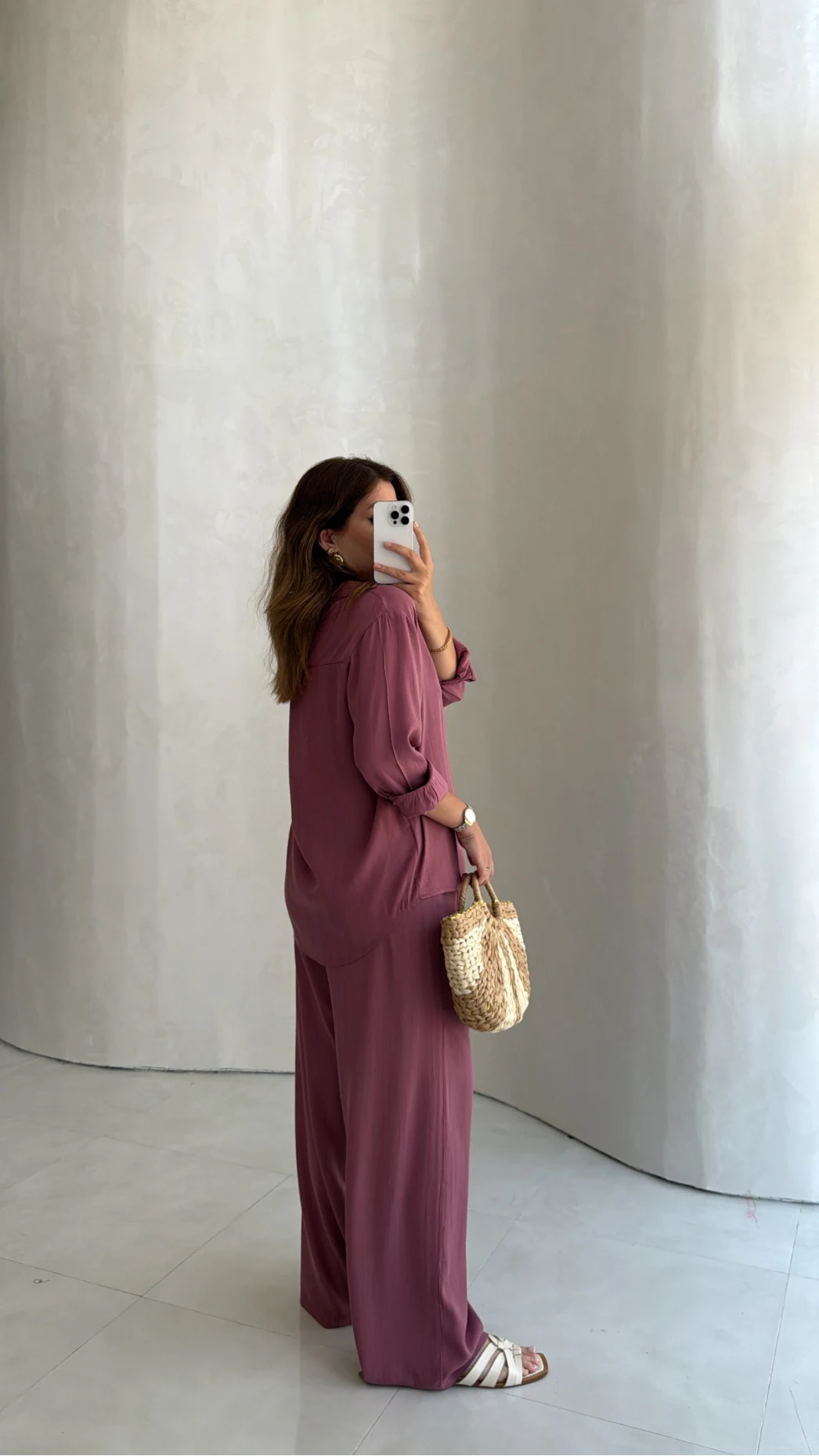 Celine Modal Bol Paça Gömlek Takım - Gül Kurusu - Kod: 7112