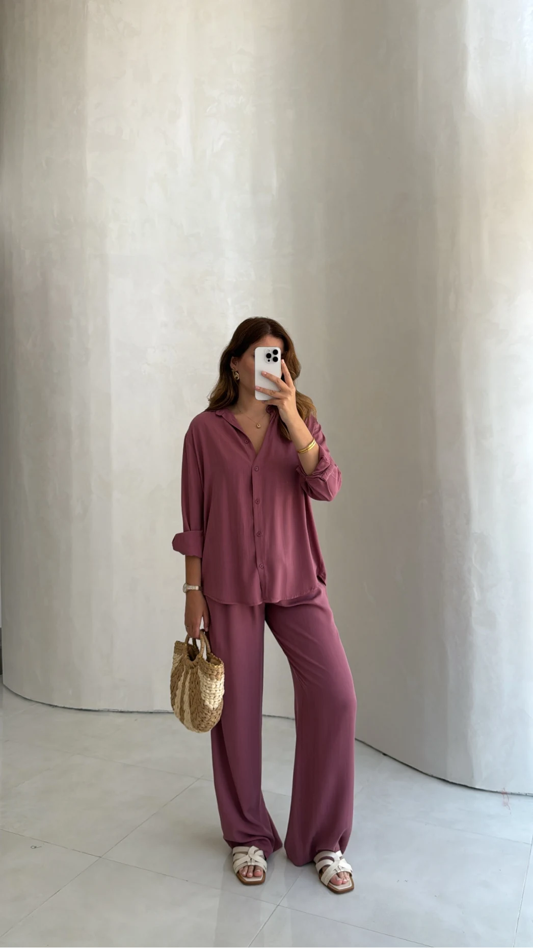 Celine Modal Bol Paça Gömlek Takım - Gül Kurusu - Kod: 7112
