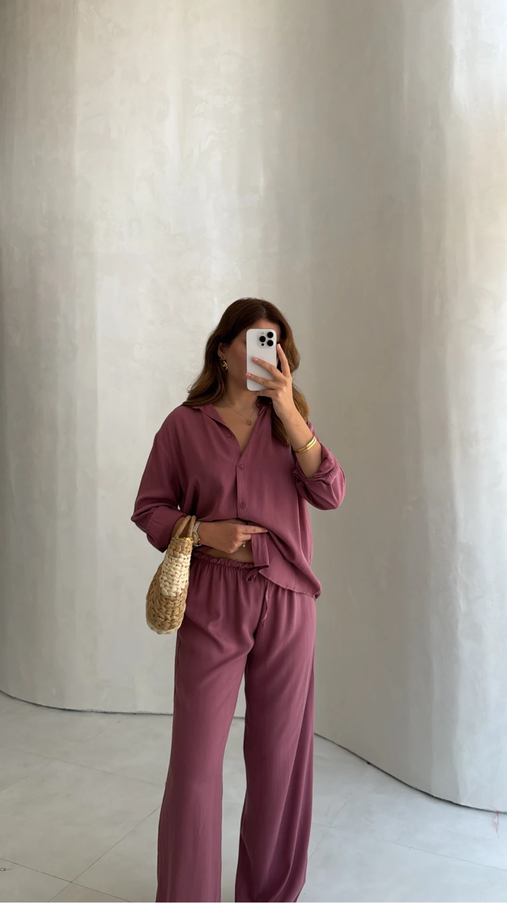 Celine Modal Bol Paça Gömlek Takım - Gül Kurusu - Kod: 7112