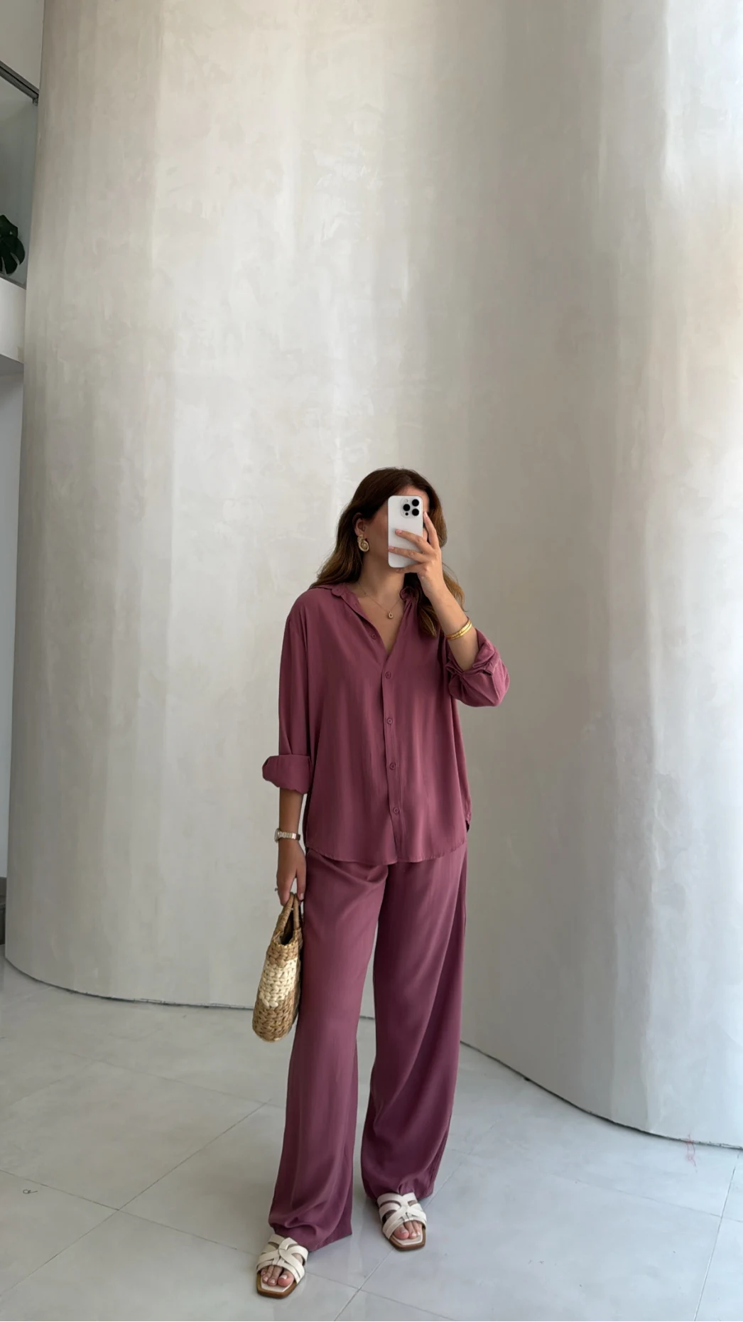 Celine Modal Bol Paça Gömlek Takım - Gül Kurusu - Kod: 7112