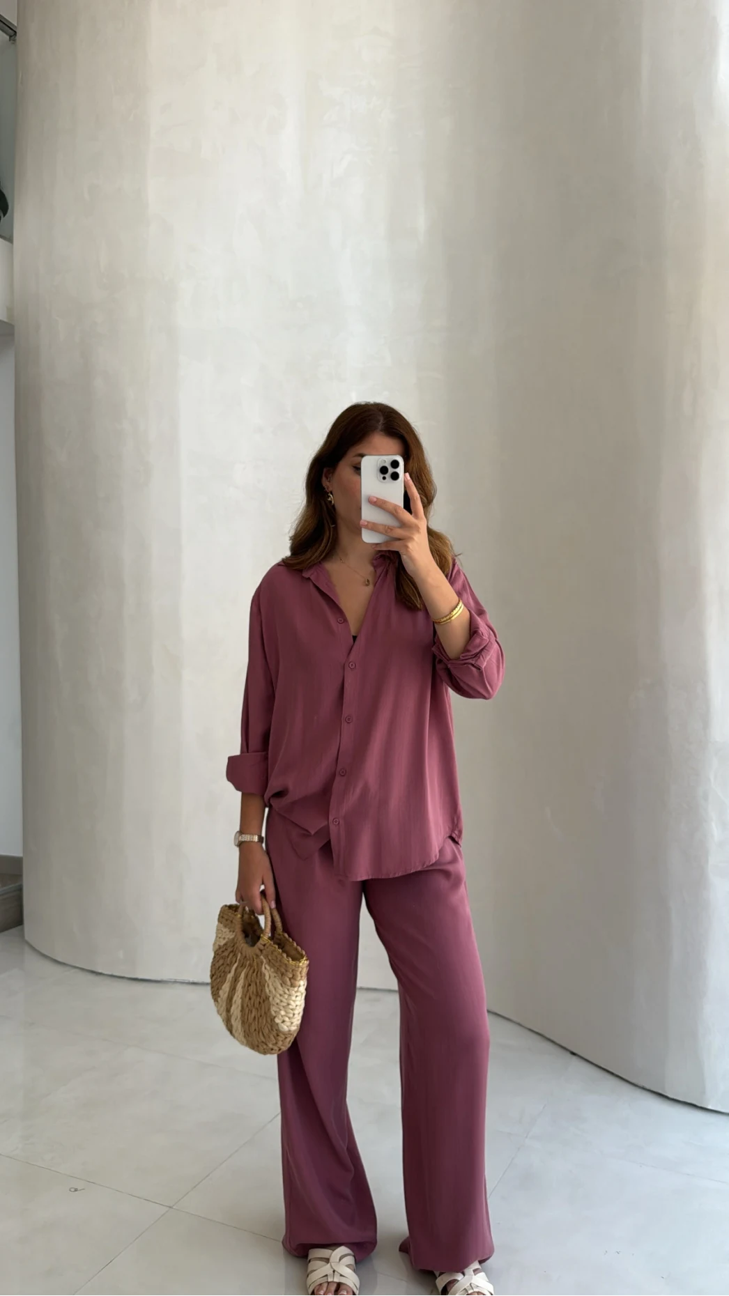 Celine Modal Bol Paça Gömlek Takım - Gül Kurusu - Kod: 7112