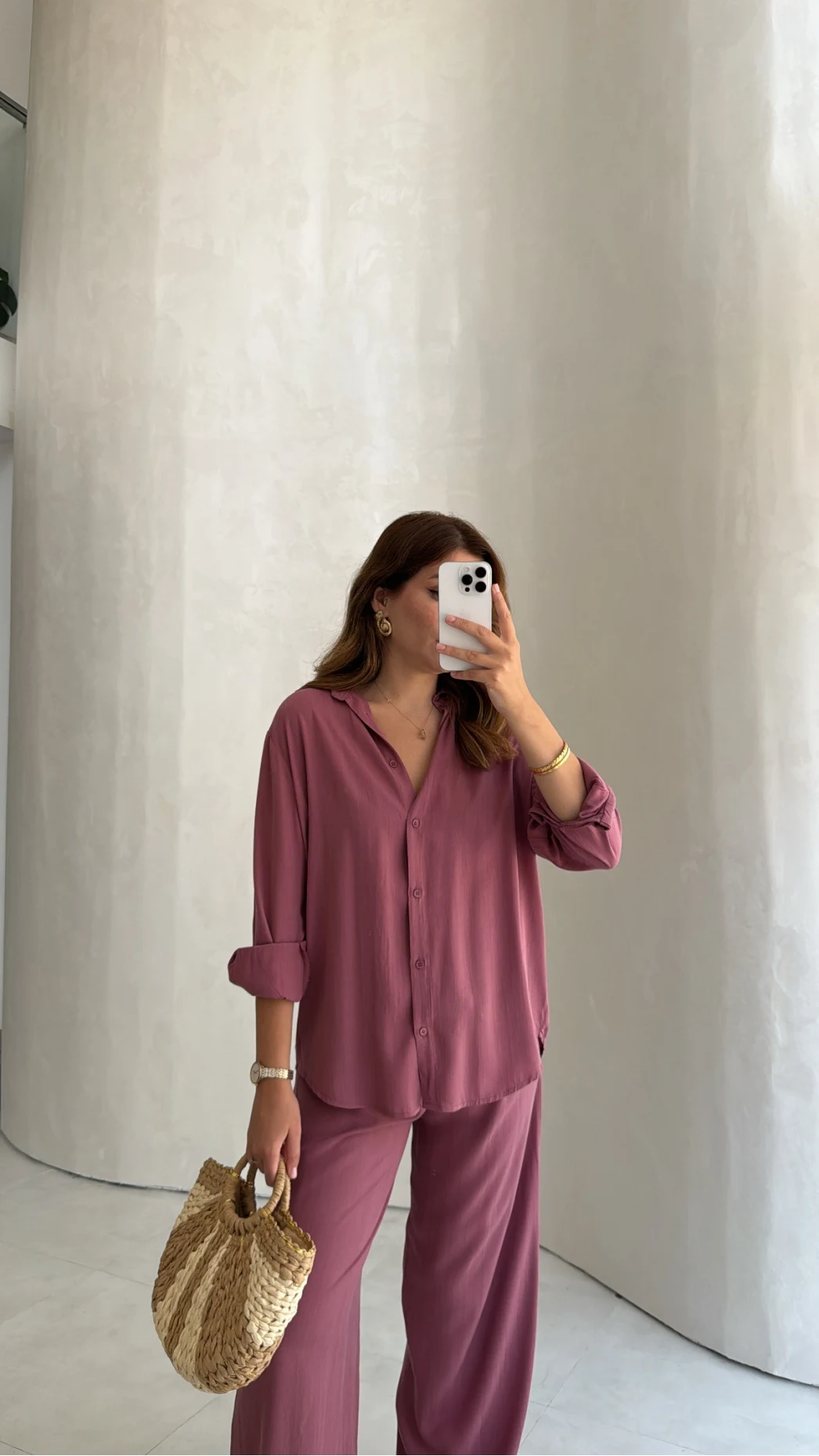 Celine Modal Bol Paça Gömlek Takım - Gül Kurusu - Kod: 7112