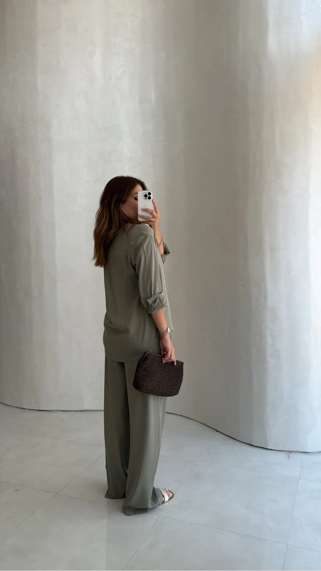 Celine Modal Bol Paça Gömlek Takım - Haki - Kod: 7112