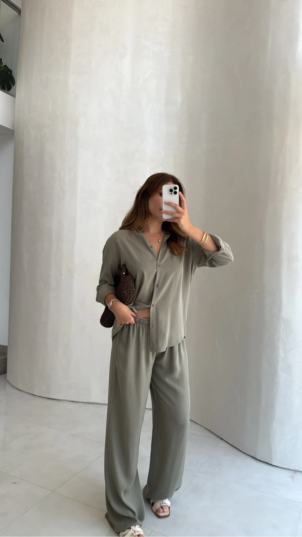 Celine Modal Bol Paça Gömlek Takım - Haki - Kod: 7112