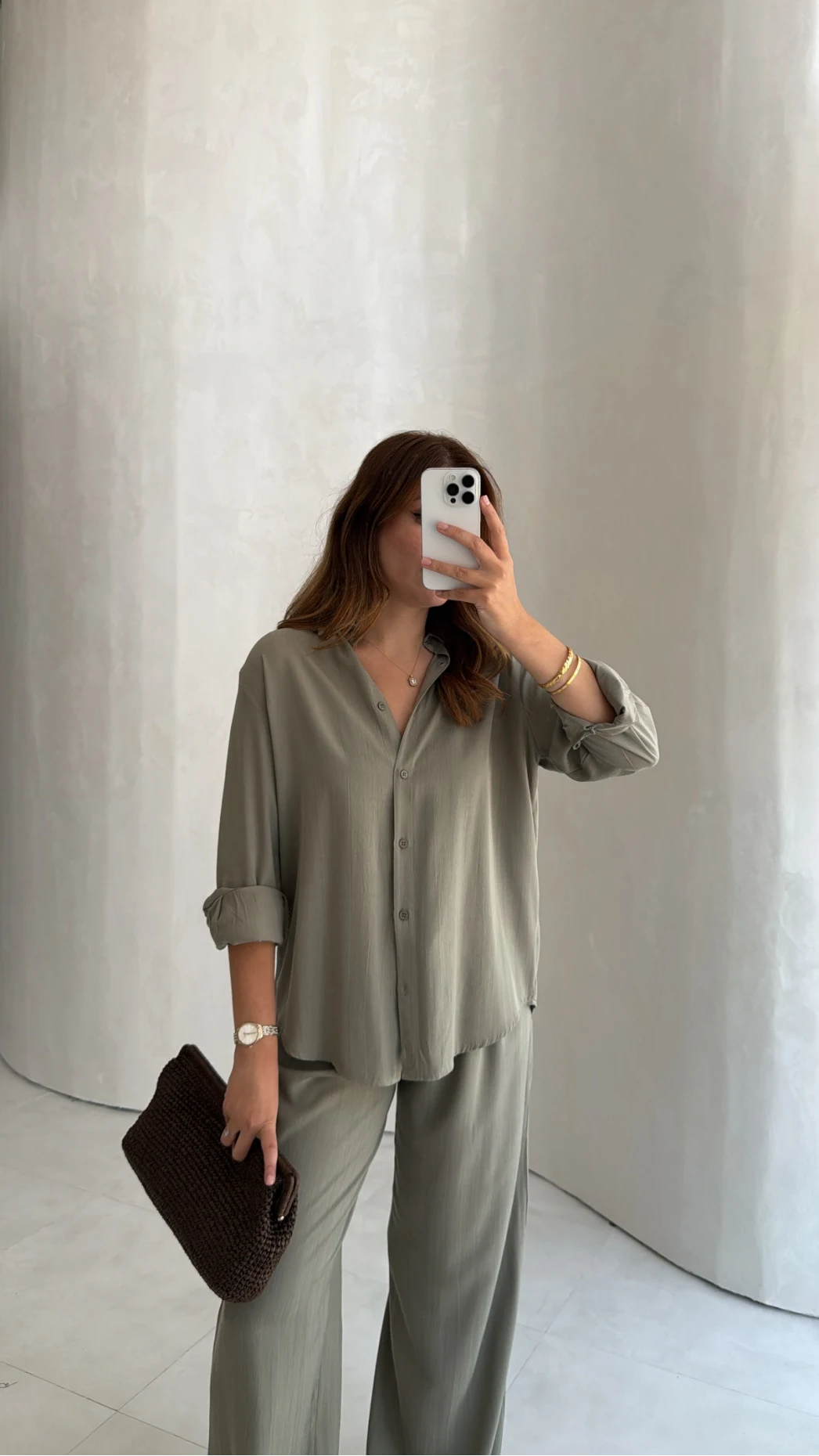 Celine Modal Bol Paça Gömlek Takım - Haki - Kod: 7112