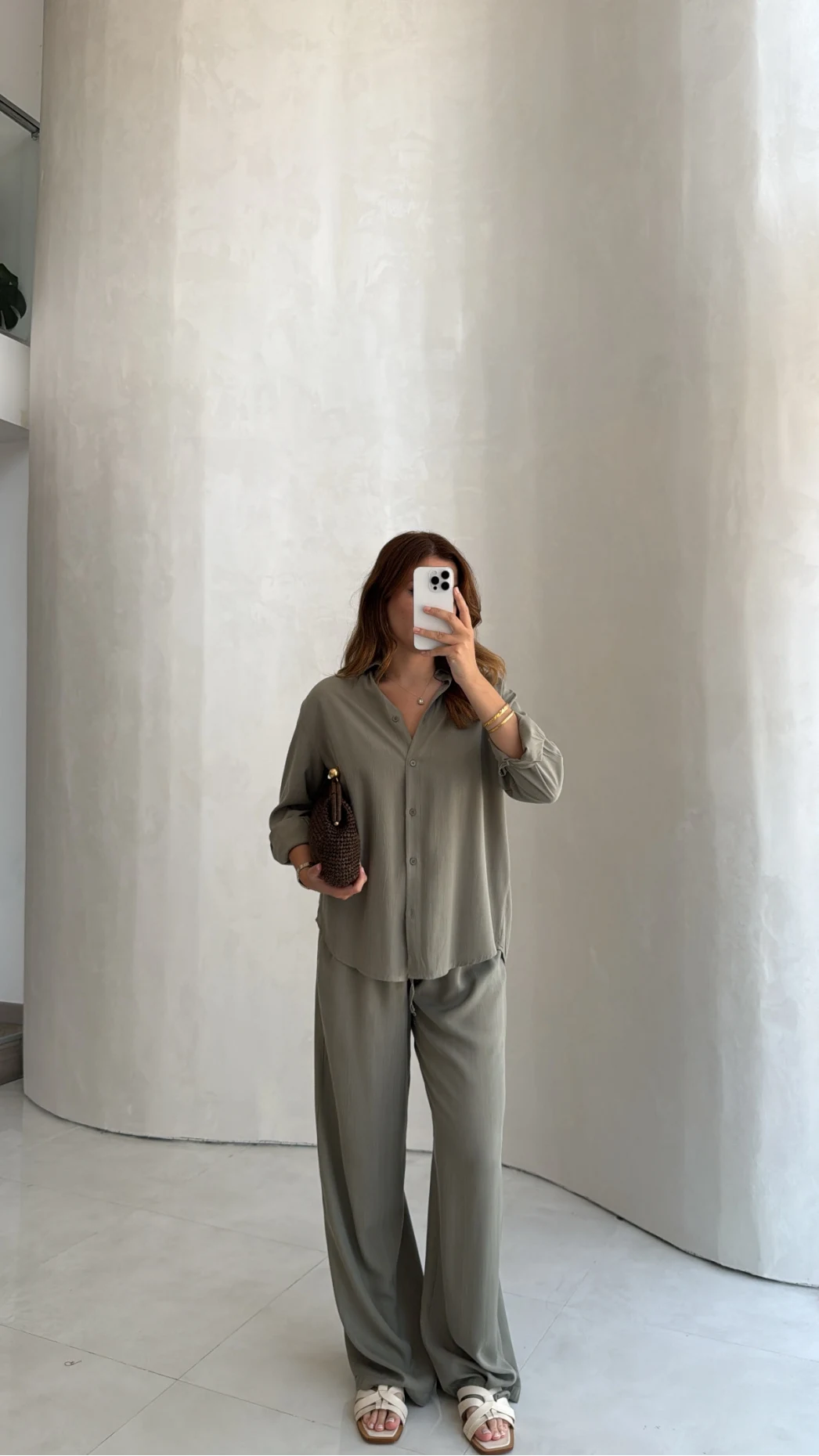 Celine Modal Bol Paça Gömlek Takım - Haki - Kod: 7112