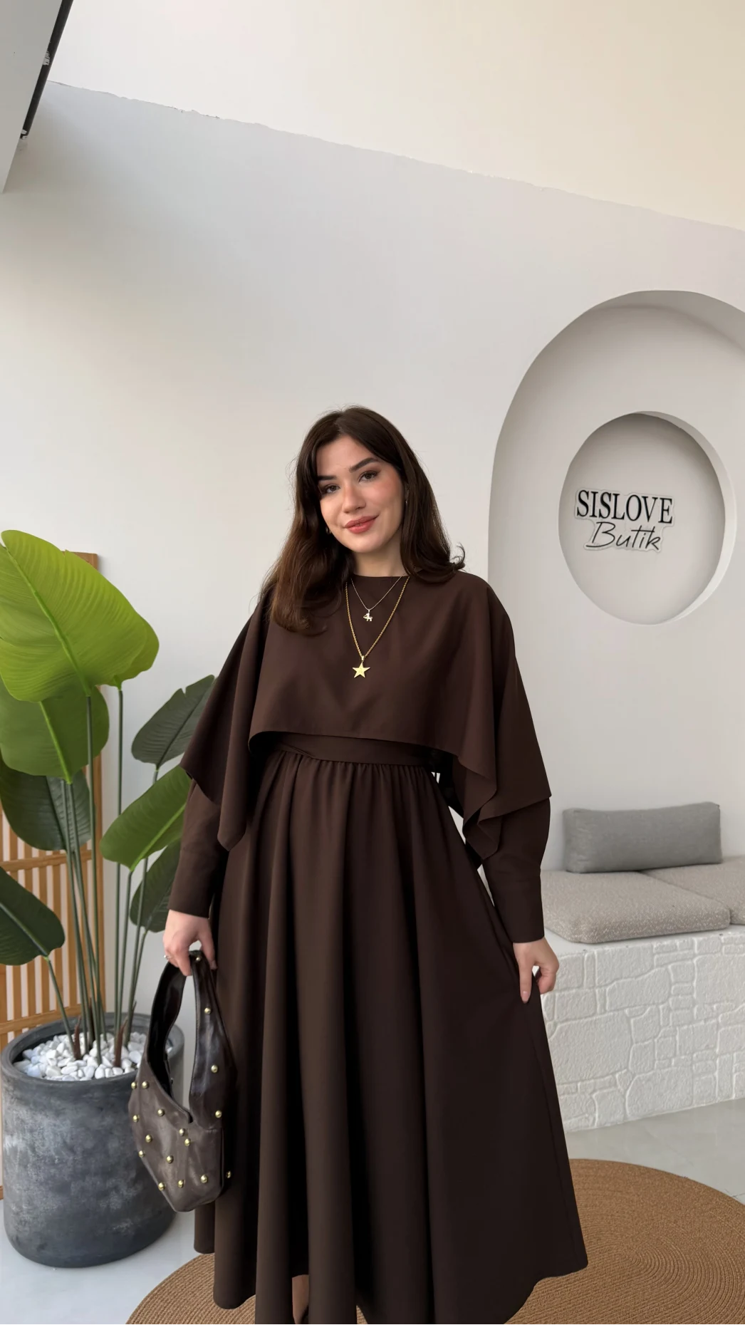 Celine Pelerin Detay Kuşaklı Elbise - Acı Kahve - Kod: 2344