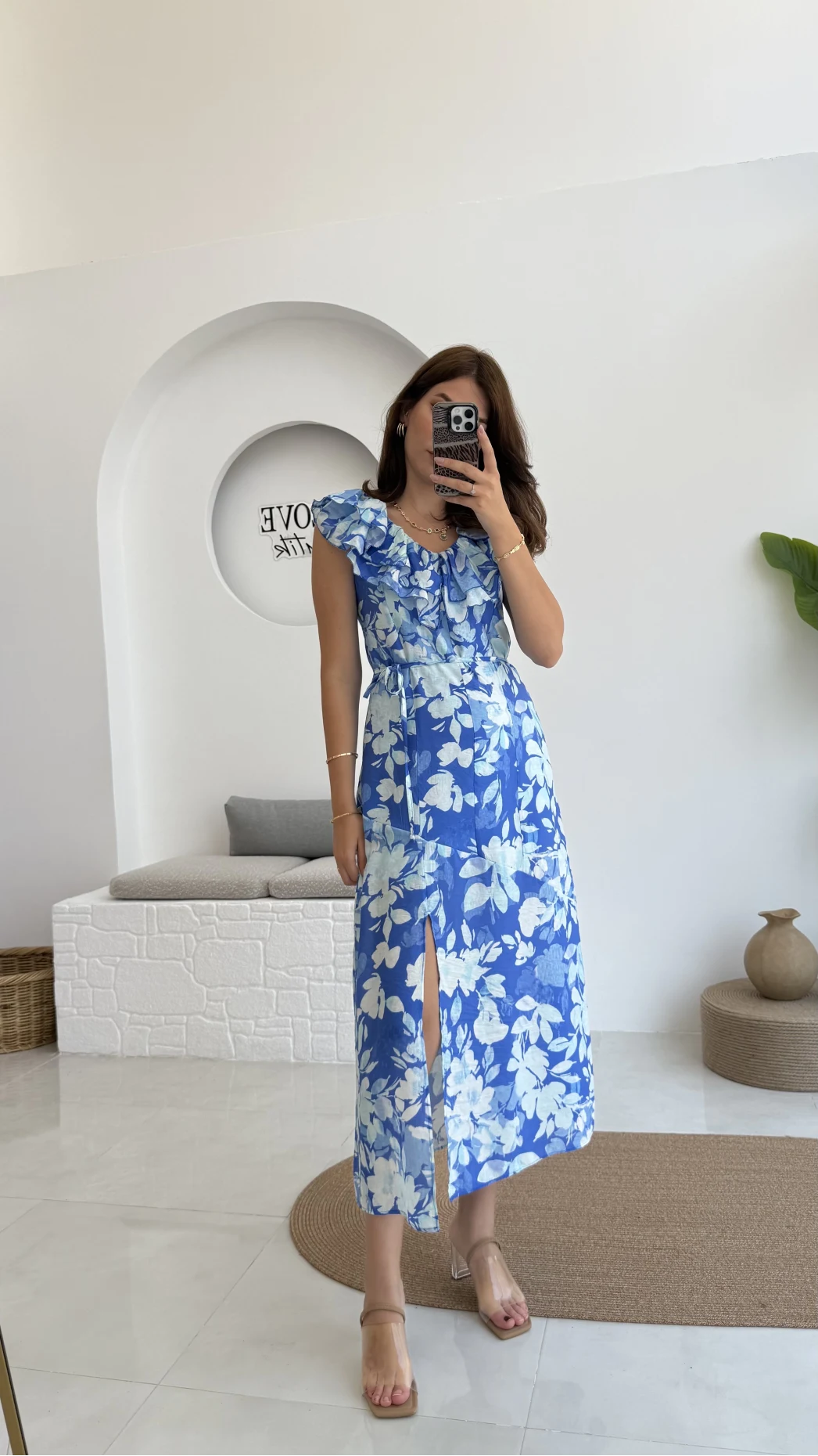 Çiçek Desenli Elbise - 3064 - Mavi