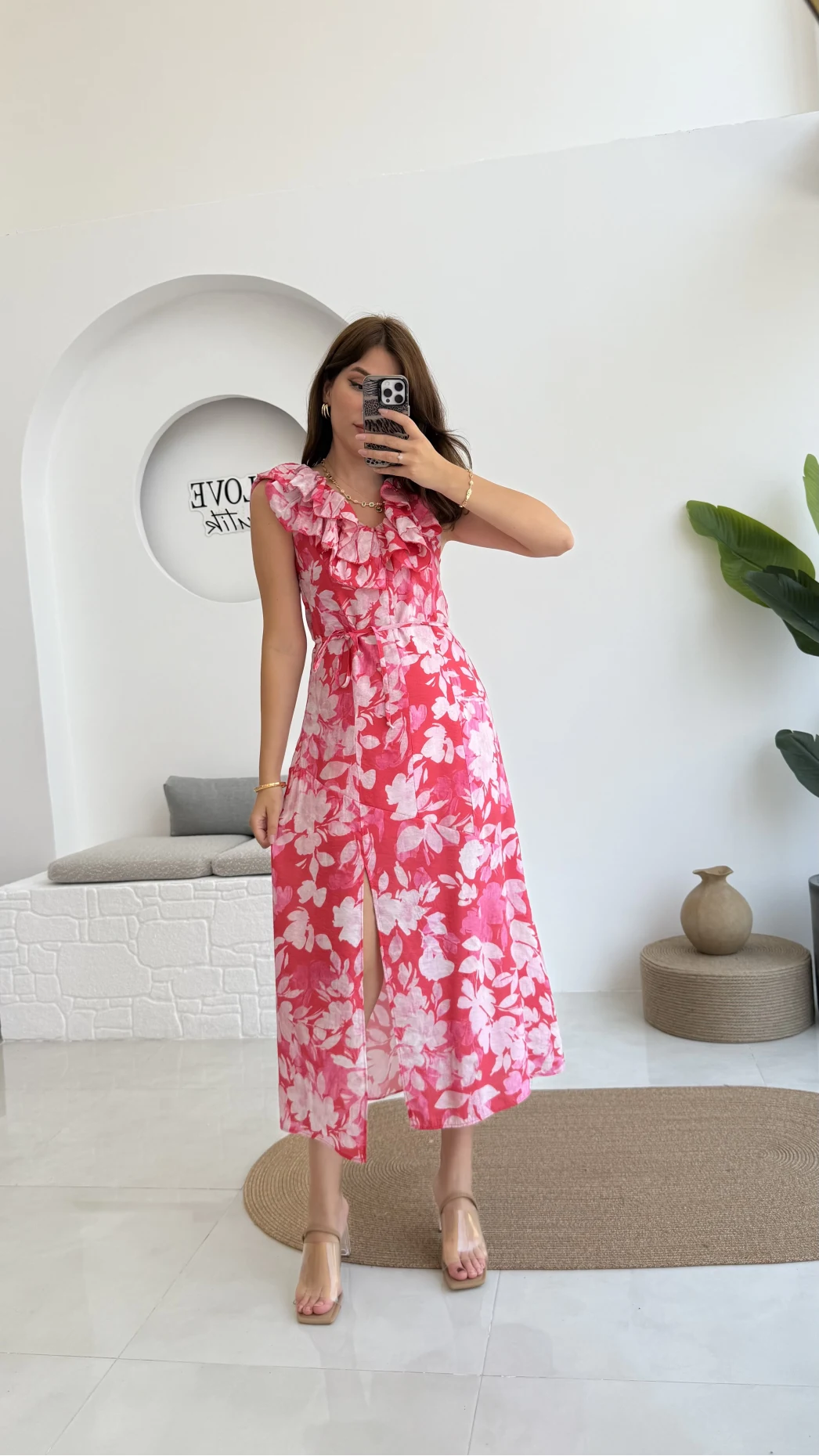 Çiçek Desenli Elbise - 3064 - Pembe