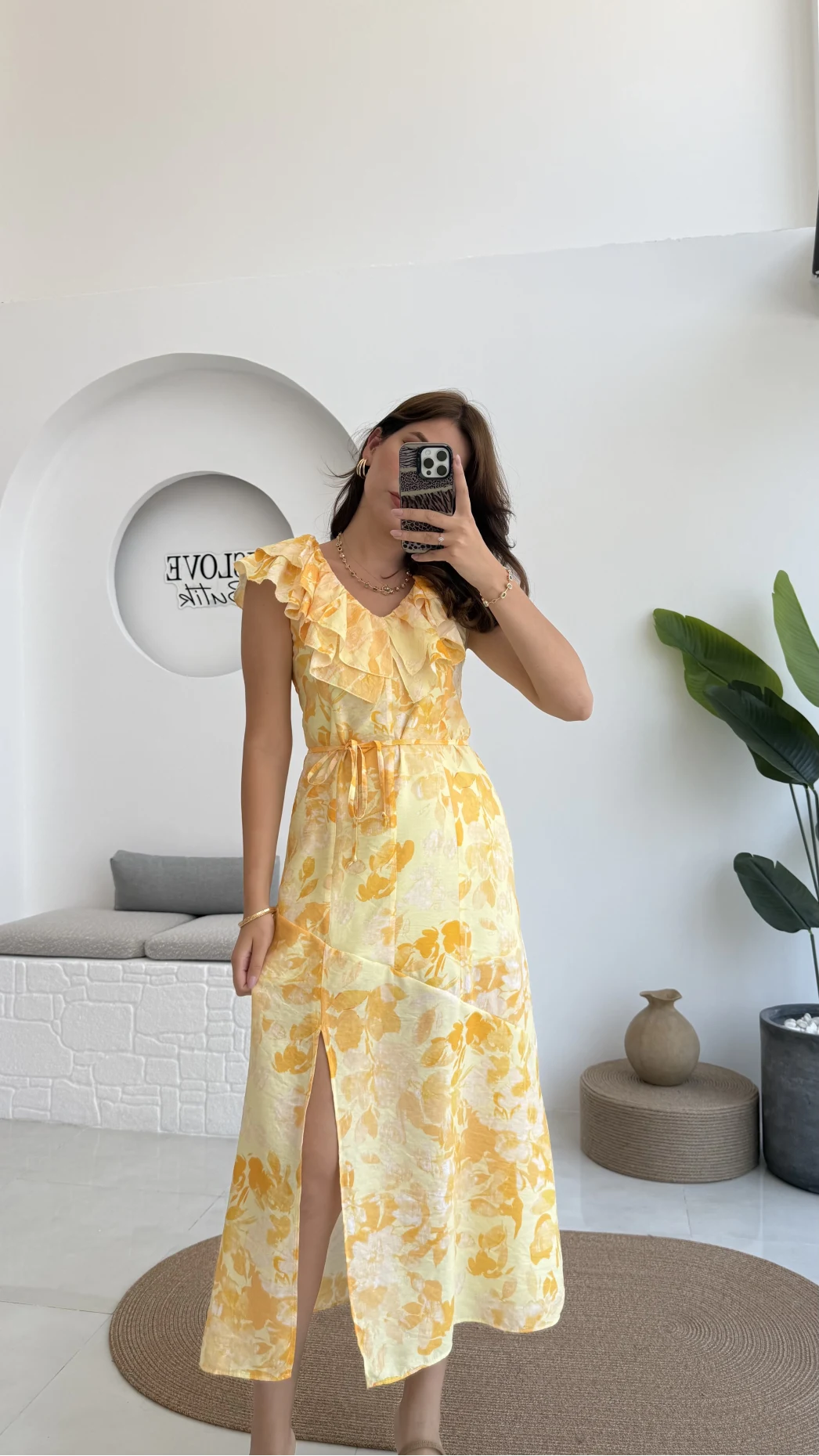 Çiçek Desenli Elbise - 3064 - Sarı