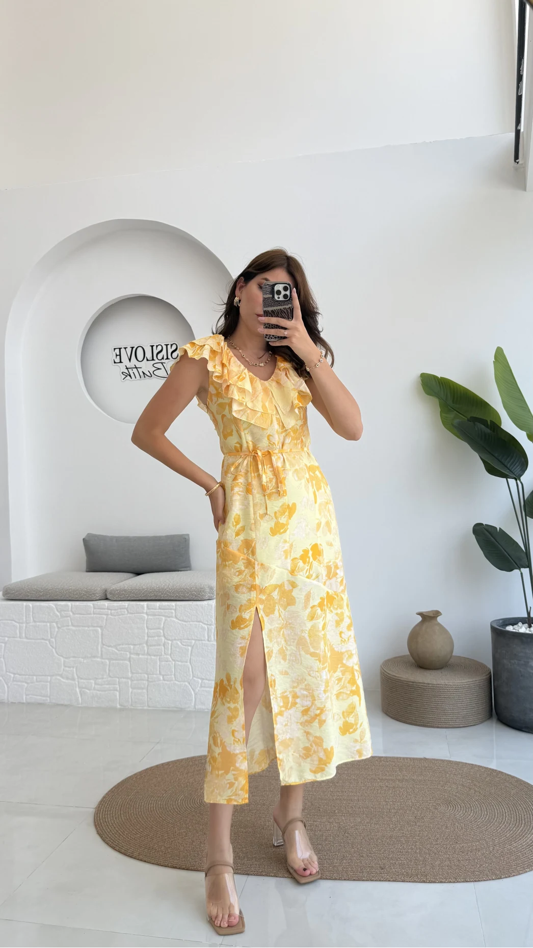 Çiçek Desenli Elbise - 3064 - Sarı