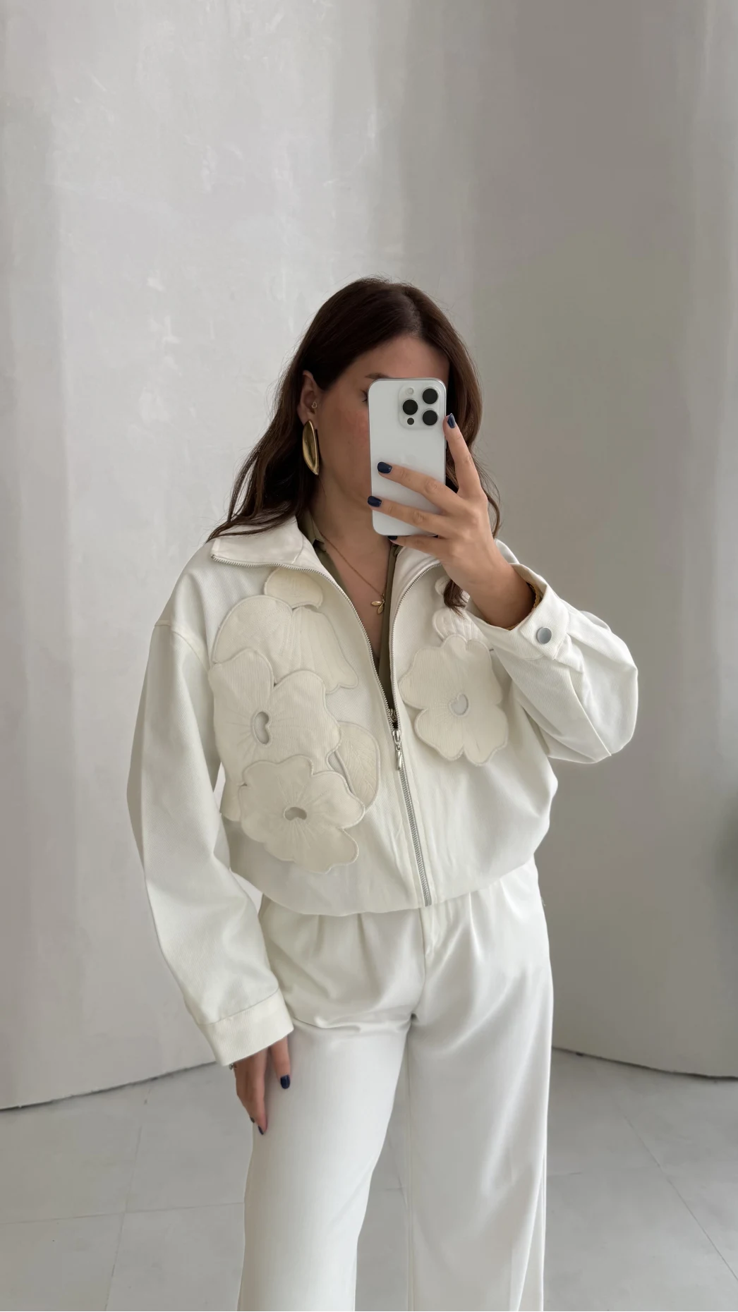 Çiçek Dokulu Bomber Ceket - Ekru - Kod: 5151