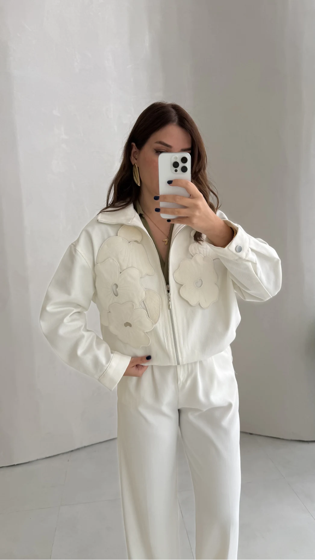 Çiçek Dokulu Bomber Ceket - Ekru - Kod: 5151