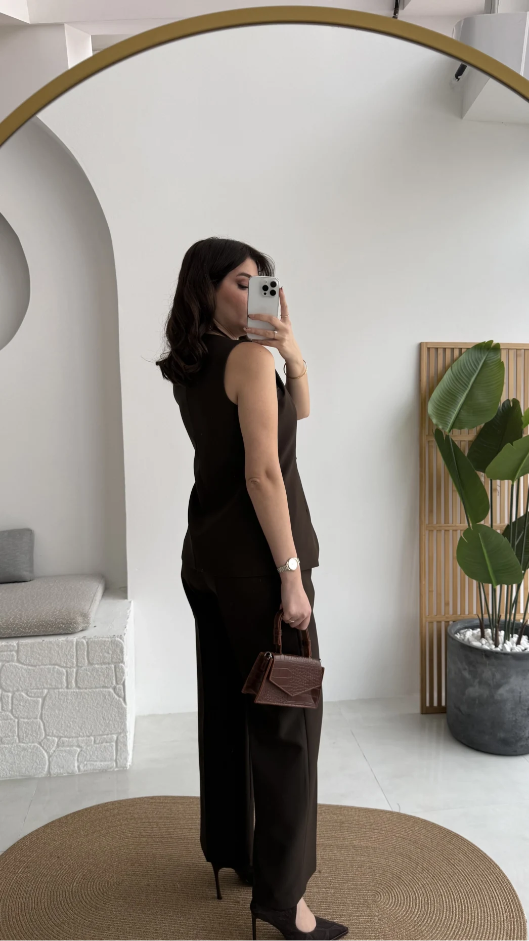 Çiçek Düğmeli Yelek Takım - Acı Kahve - Kod: 8888