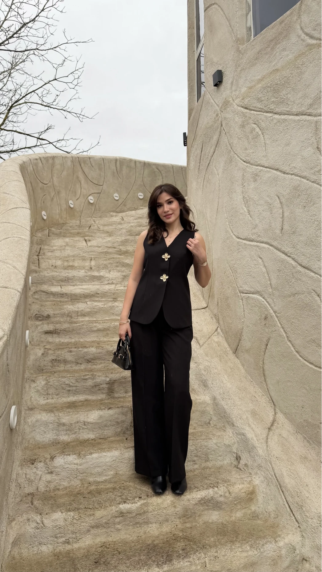 Çiçek Düğmeli Yelek Takım - Siyah - Kod: 8888