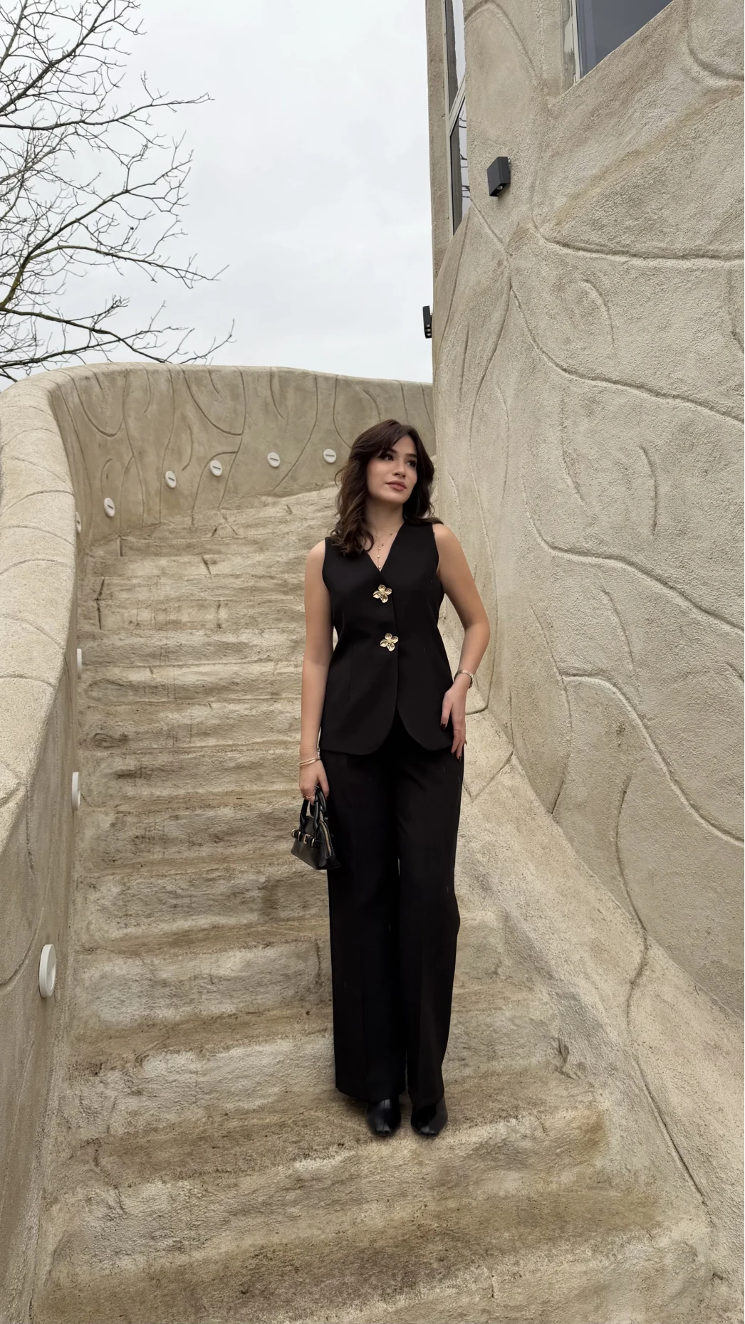 Çiçek Düğmeli Yelek Takım - Siyah - Kod: 8888