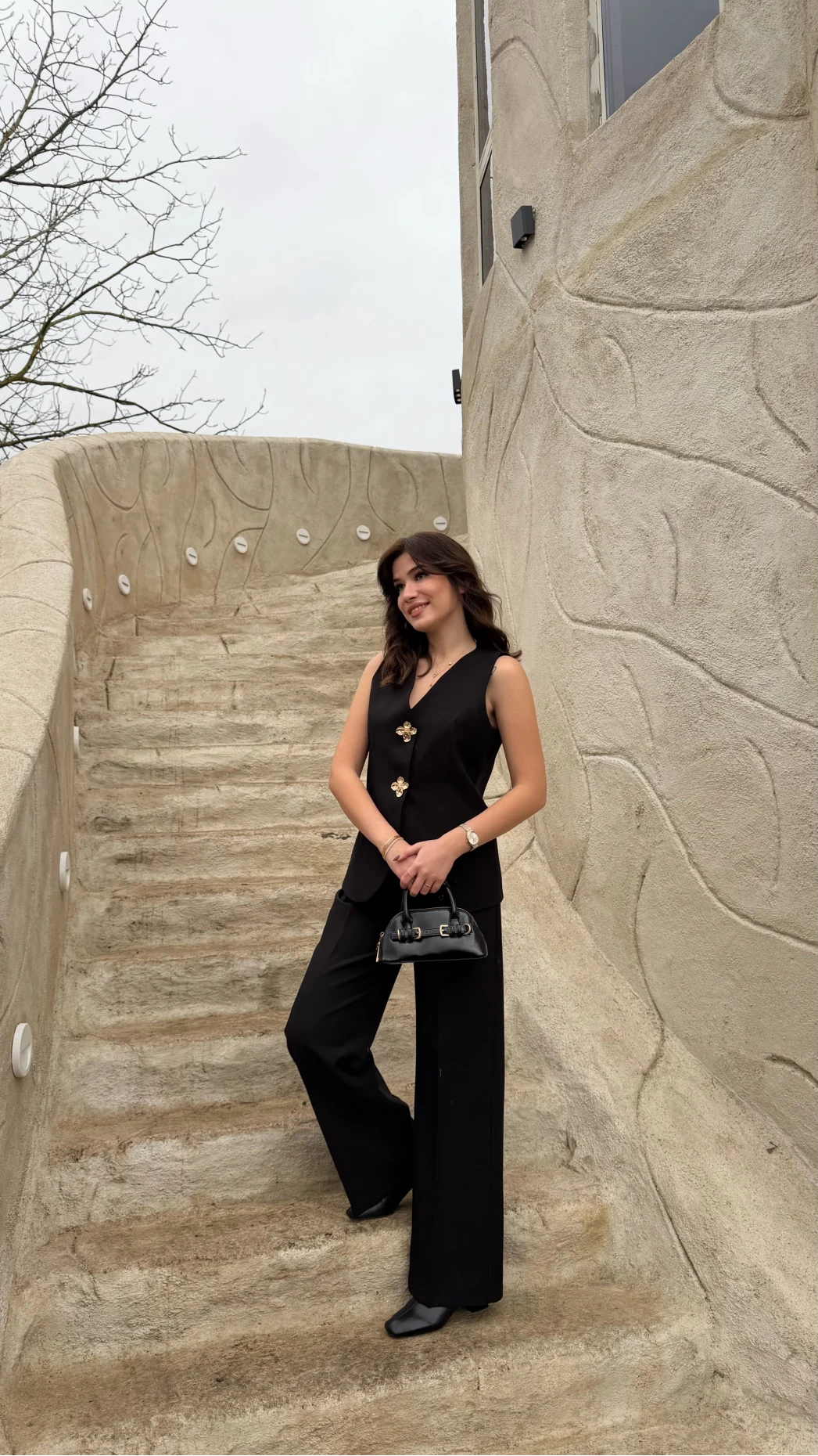 Çiçek Düğmeli Yelek Takım - Siyah - Kod: 8888