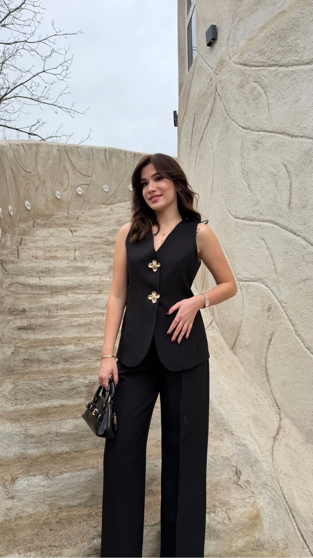Çiçek Düğmeli Yelek Takım - Siyah - Kod: 8888