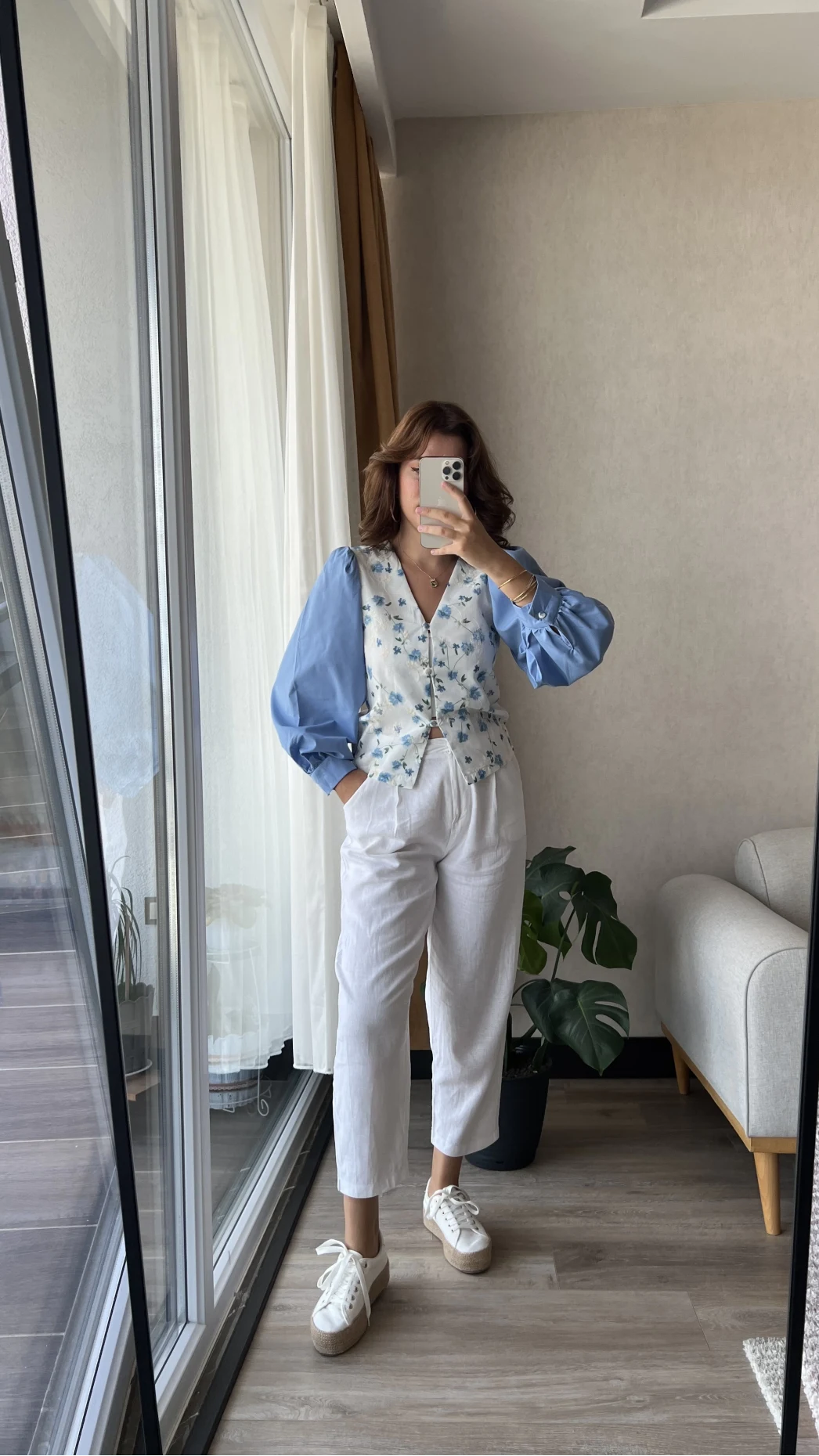 Çiçekli Balon Kol Gömlek Mavi