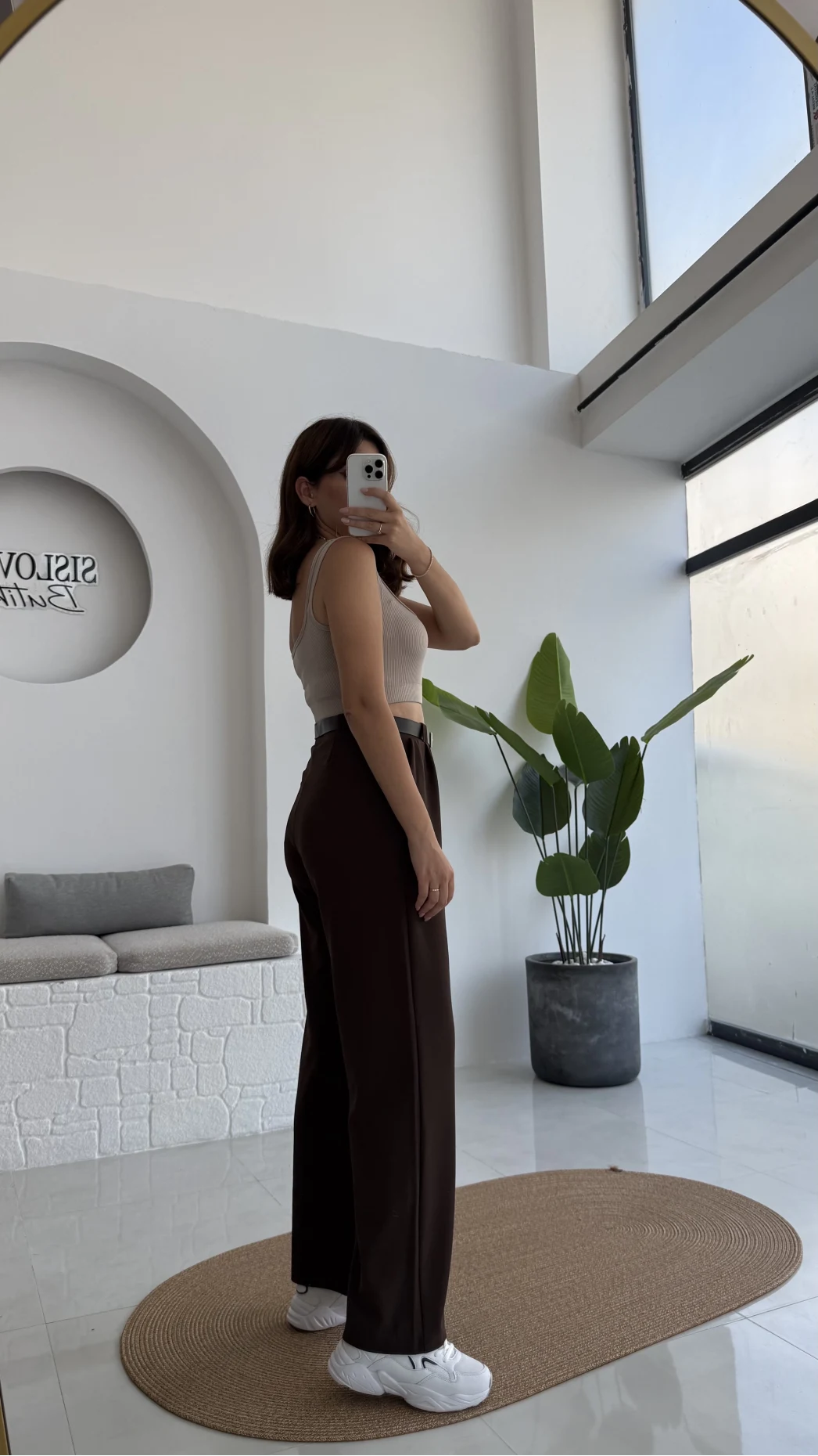 Çift Pile Detay Kemerli Örme Pantolon - Acı Kahve