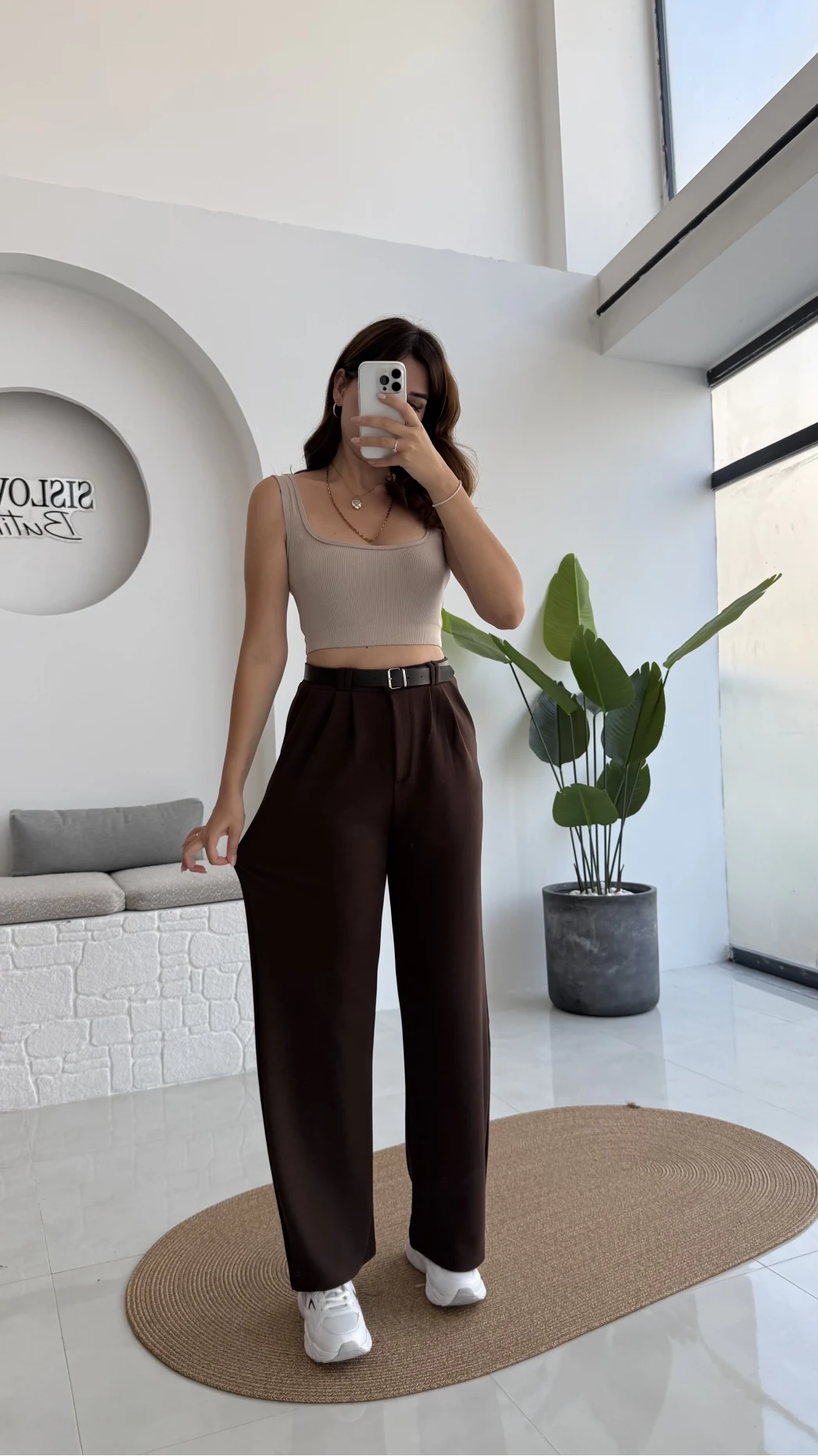 Çift Pile Detay Kemerli Örme Pantolon - Acı Kahve