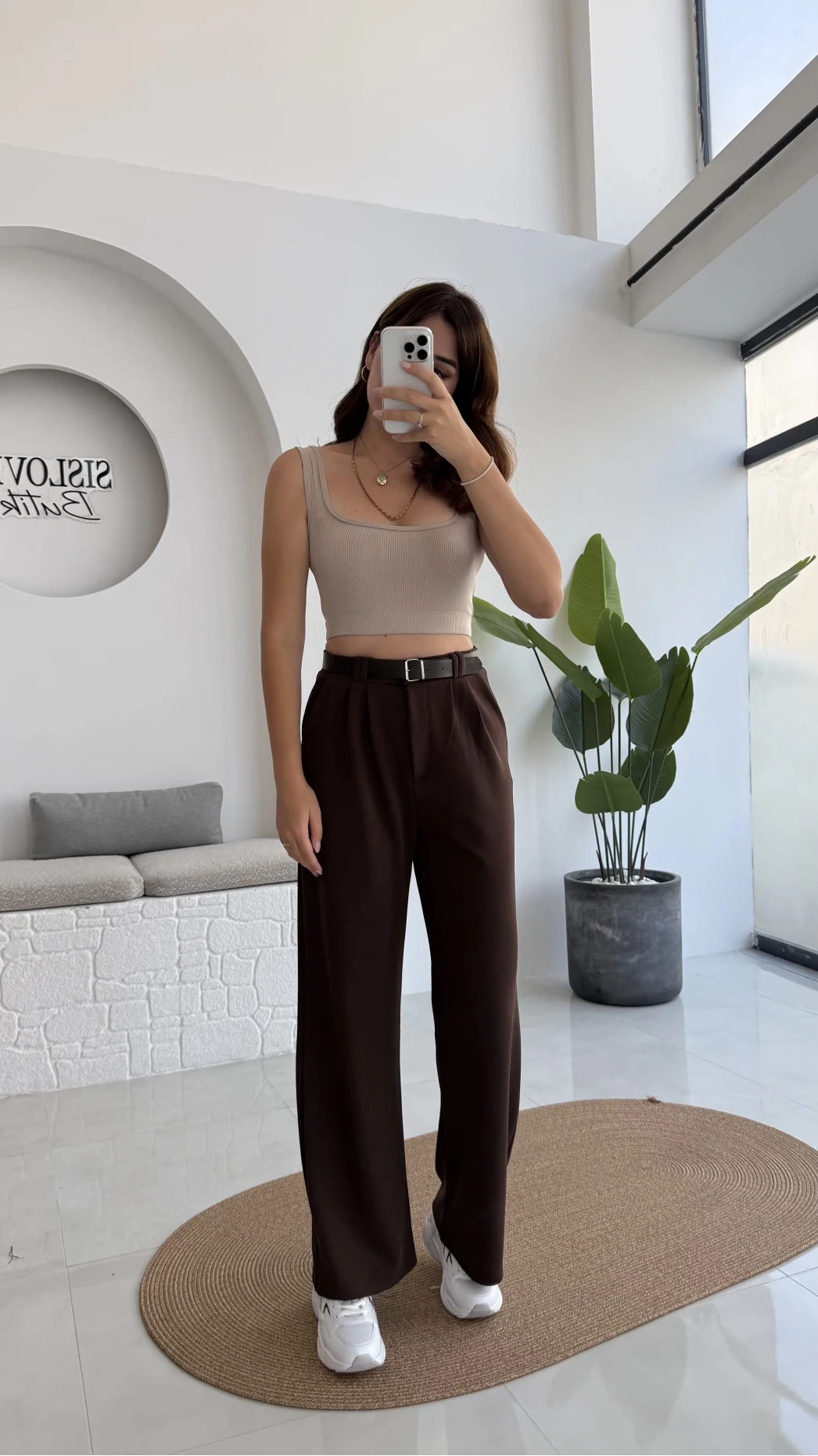 Çift Pile Detay Kemerli Örme Pantolon - Acı Kahve