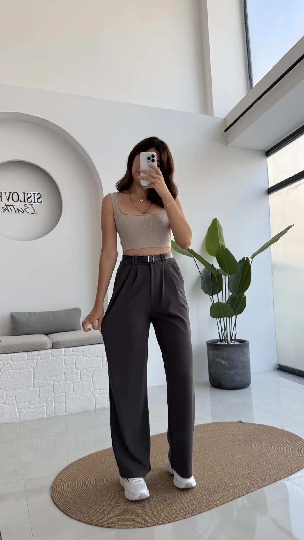 Çift Pile Detay Kemerli Örme Pantolon - Antrasit