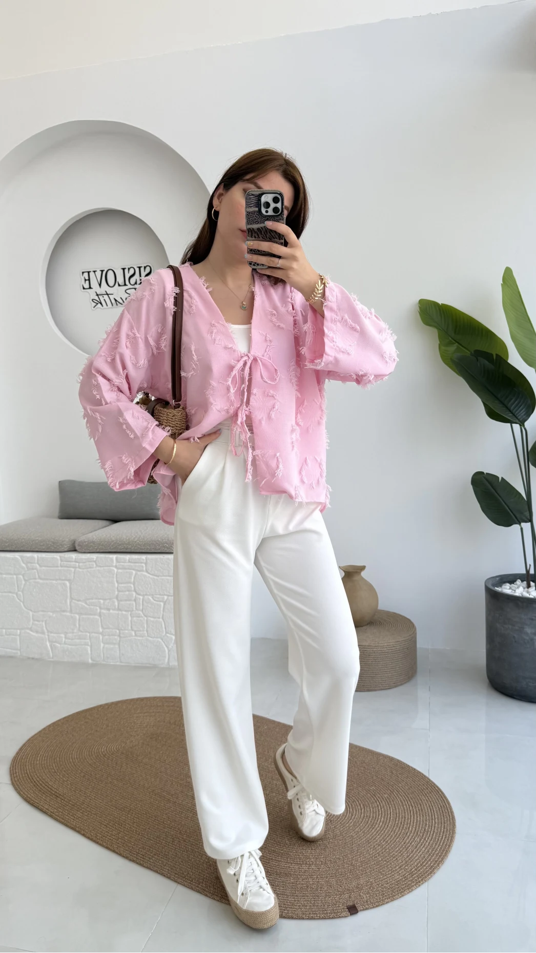 Çift Pile Detay Kemerli Örme Pantolon - Beyaz