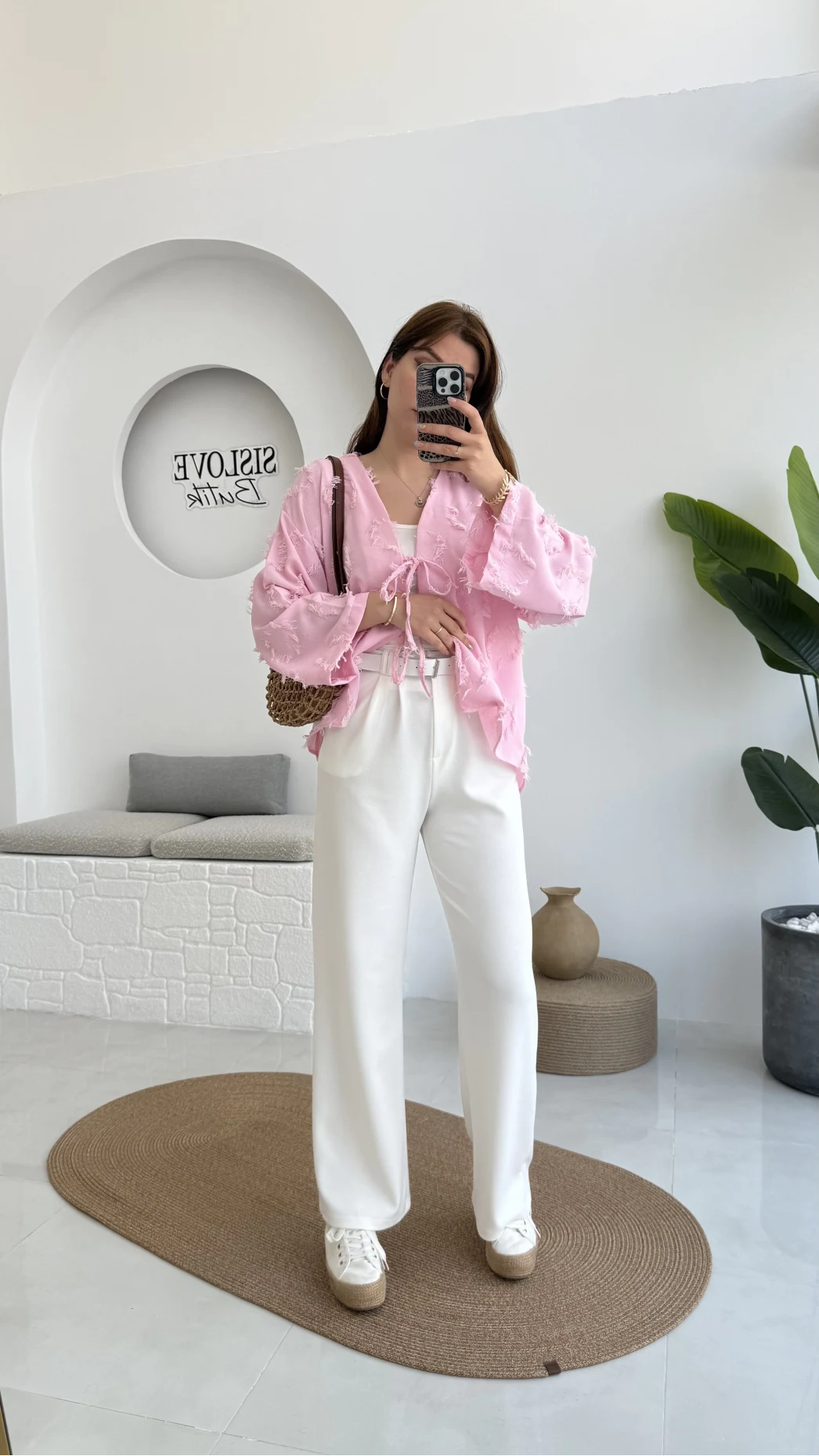 Çift Pile Detay Kemerli Örme Pantolon - Beyaz